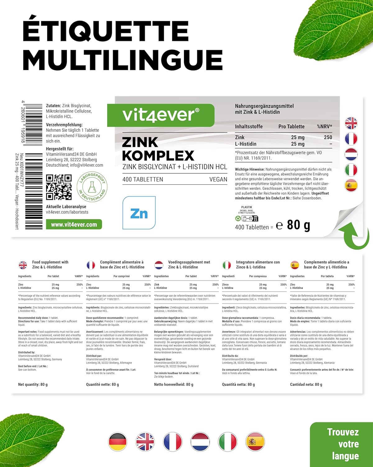 Zinc 25 mg - 400 tablets - Premium: Albion® Zinc Bisglycinate + L-Histidine - High Bioavailability - Chelate Complex - Lab Tested - Vegan - High Dosed - Image 7