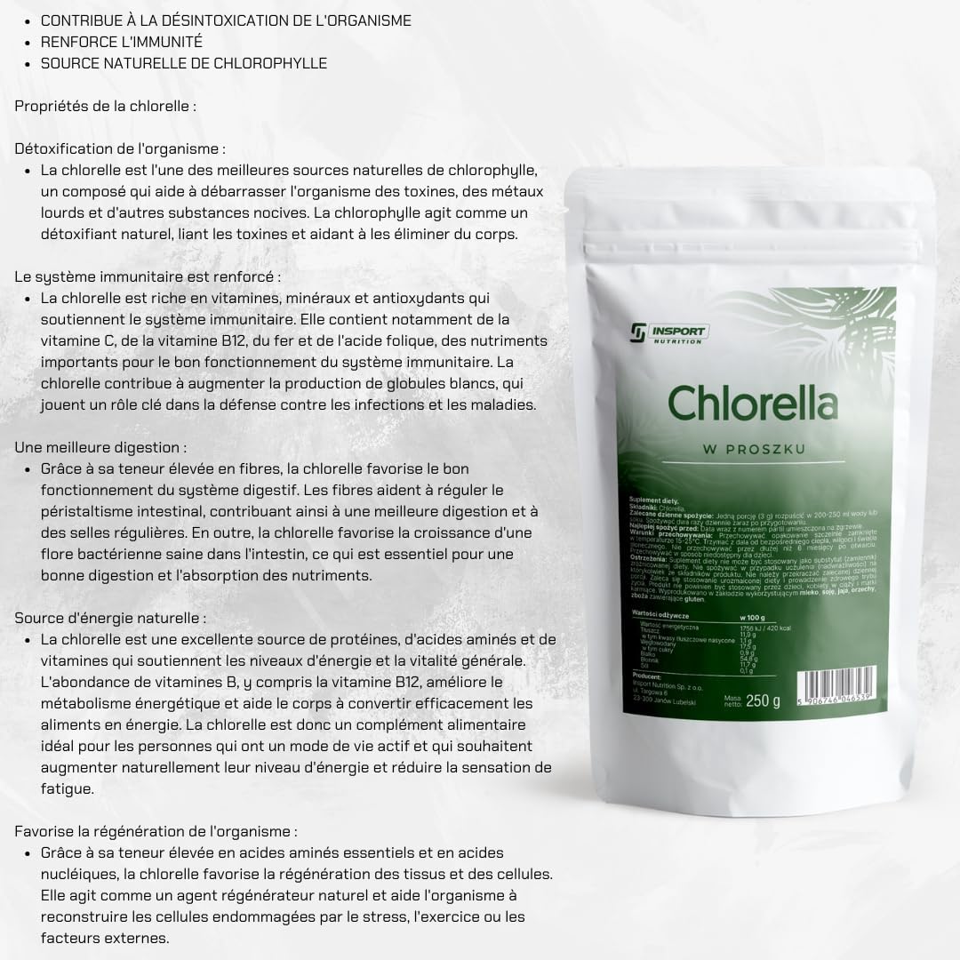 Chlorella Powder - 250g Doypack - Green Powder for Body Cleansing - Vegan, Lactose Free and Gluten Free, No Additives - Leak Proof Packaging with Zip - INSPORT Nutrition - Image 3