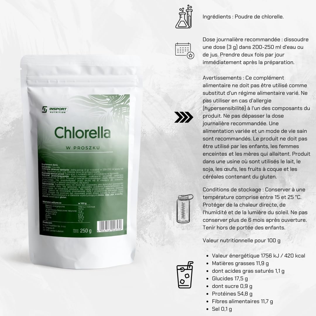 Chlorella Powder - 250g Doypack - Green Powder for Body Cleansing - Vegan, Lactose Free and Gluten Free, No Additives - Leak Proof Packaging with Zip - INSPORT Nutrition - Image 4