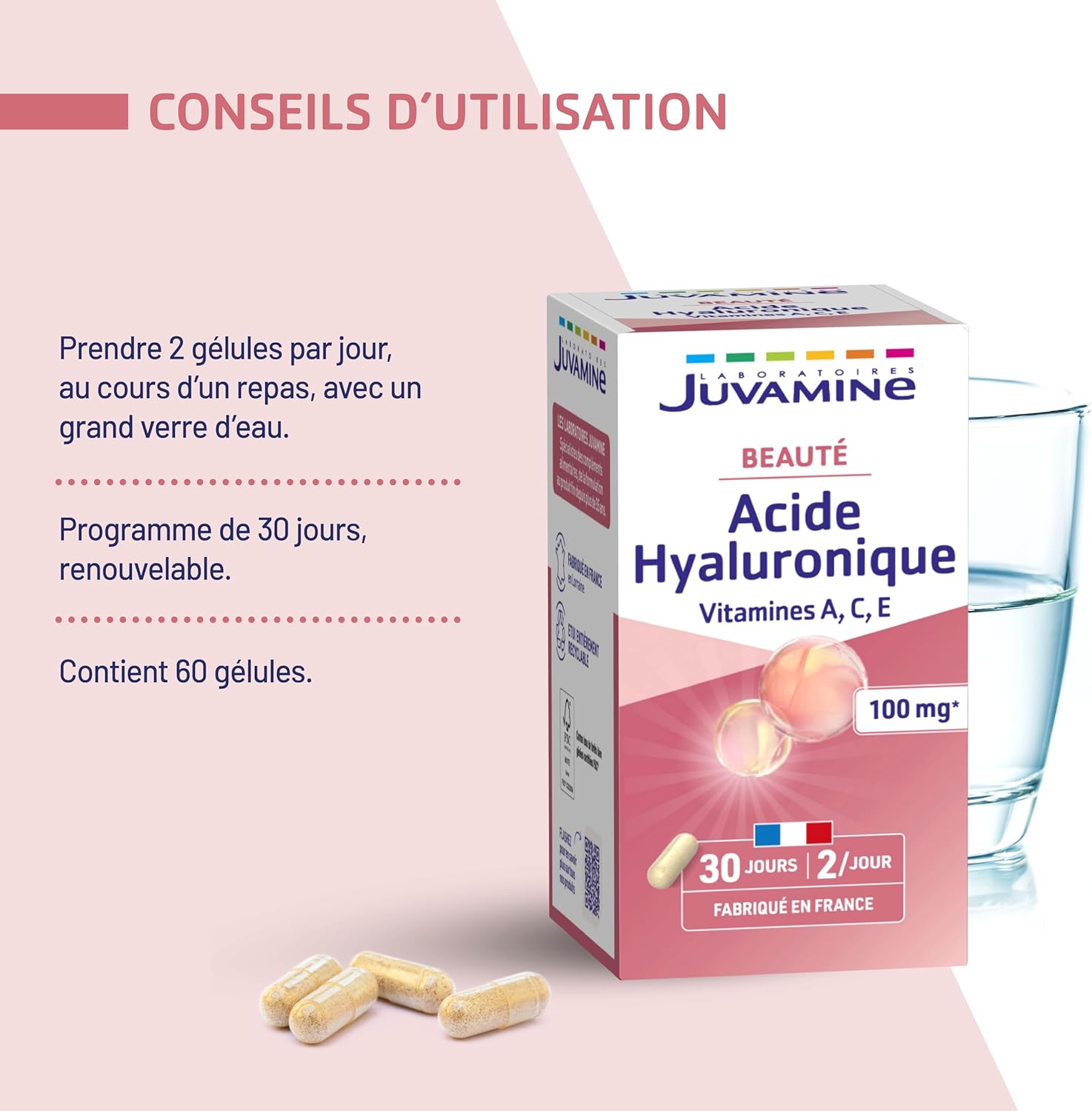 JUVAMINE - Hyaluronic Acid + Vitamins A,C,E - Skin Beauty - 60 Capsules of vegetable origin - 30 Day Programme - Made in France - Image 8