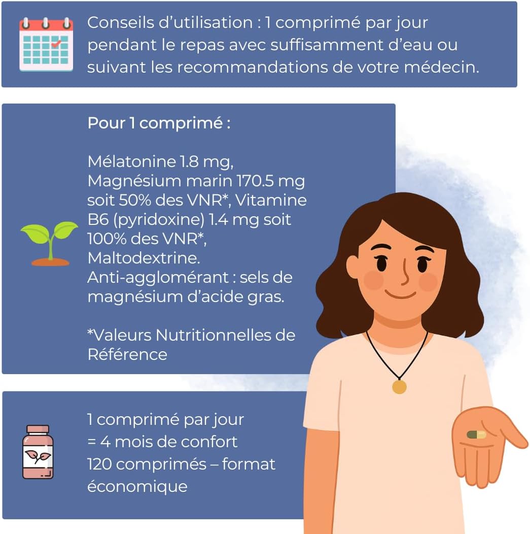 Somnus Melatonin 1.8 mg – Natural Sleep Supplement – Marine Magnesium & Vitamin B6 – Helps Sleep & Relaxation – 120 Tablets – Made in France - Image 5