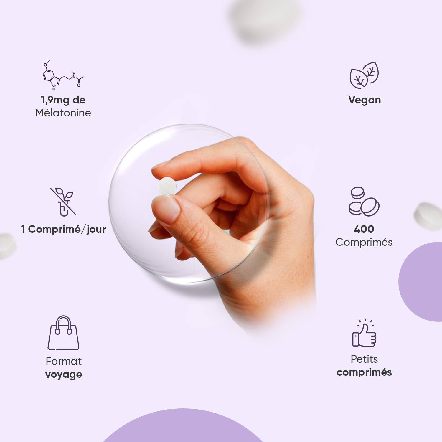 Melatonin 1.9mg 400 Vegan Tablets, Melatonin Complex with Magnesium, Vitamin B6, Passionflower and Chamomile for Adults, Travel Size No Addiction and Magnesium Stearate Free - Image 8