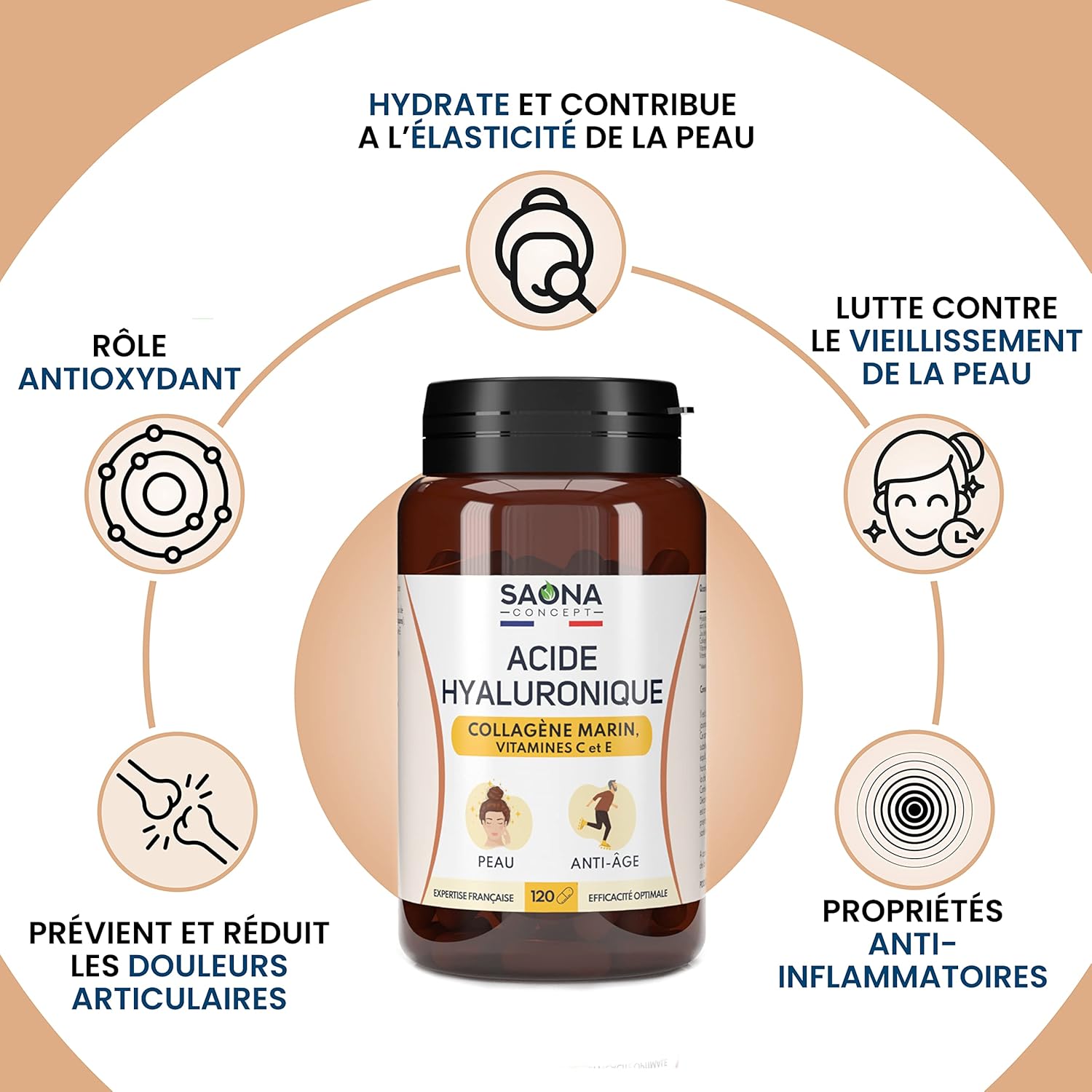 HYALURONIC ACID & MARINE COLLAGEN - Enriched with Vitamins C & E - 2 months cure - 100% natural anti-wrinkle - Anti-aging and joints - 120 capsules - Made in France - Image 3