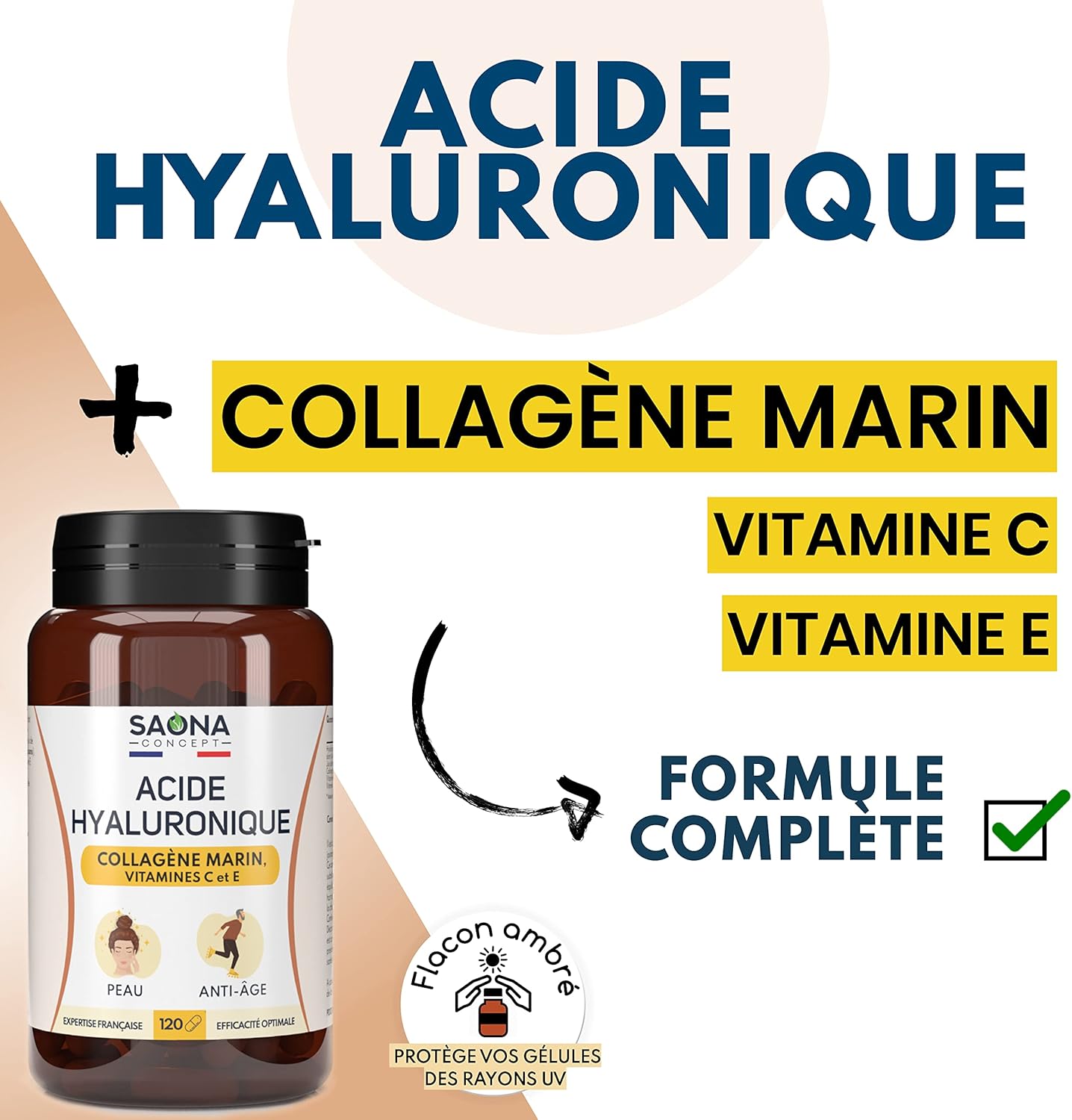 HYALURONIC ACID & MARINE COLLAGEN - Enriched with Vitamins C & E - 2 months cure - 100% natural anti-wrinkle - Anti-aging and joints - 120 capsules - Made in France - Image 4