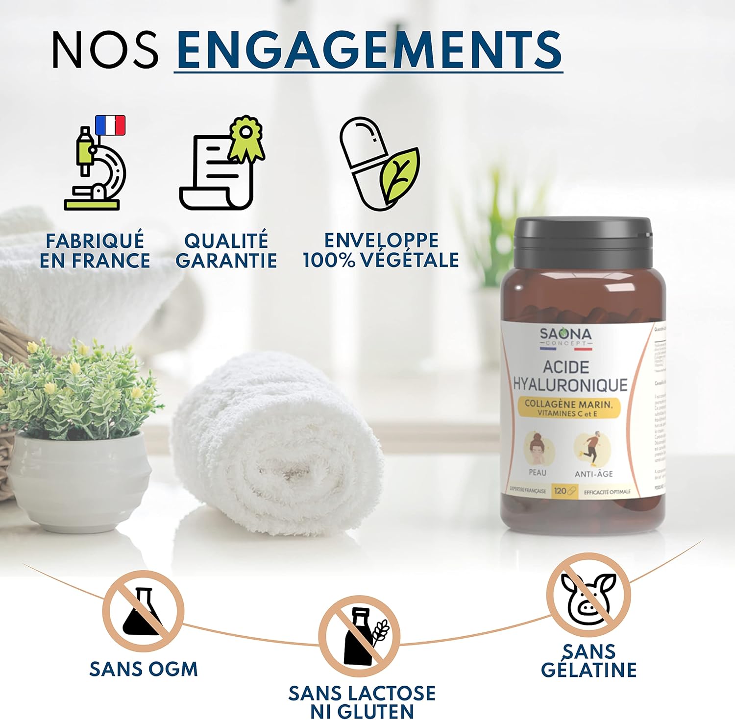 HYALURONIC ACID & MARINE COLLAGEN - Enriched with Vitamins C & E - 2 months cure - 100% natural anti-wrinkle - Anti-aging and joints - 120 capsules - Made in France - Image 5