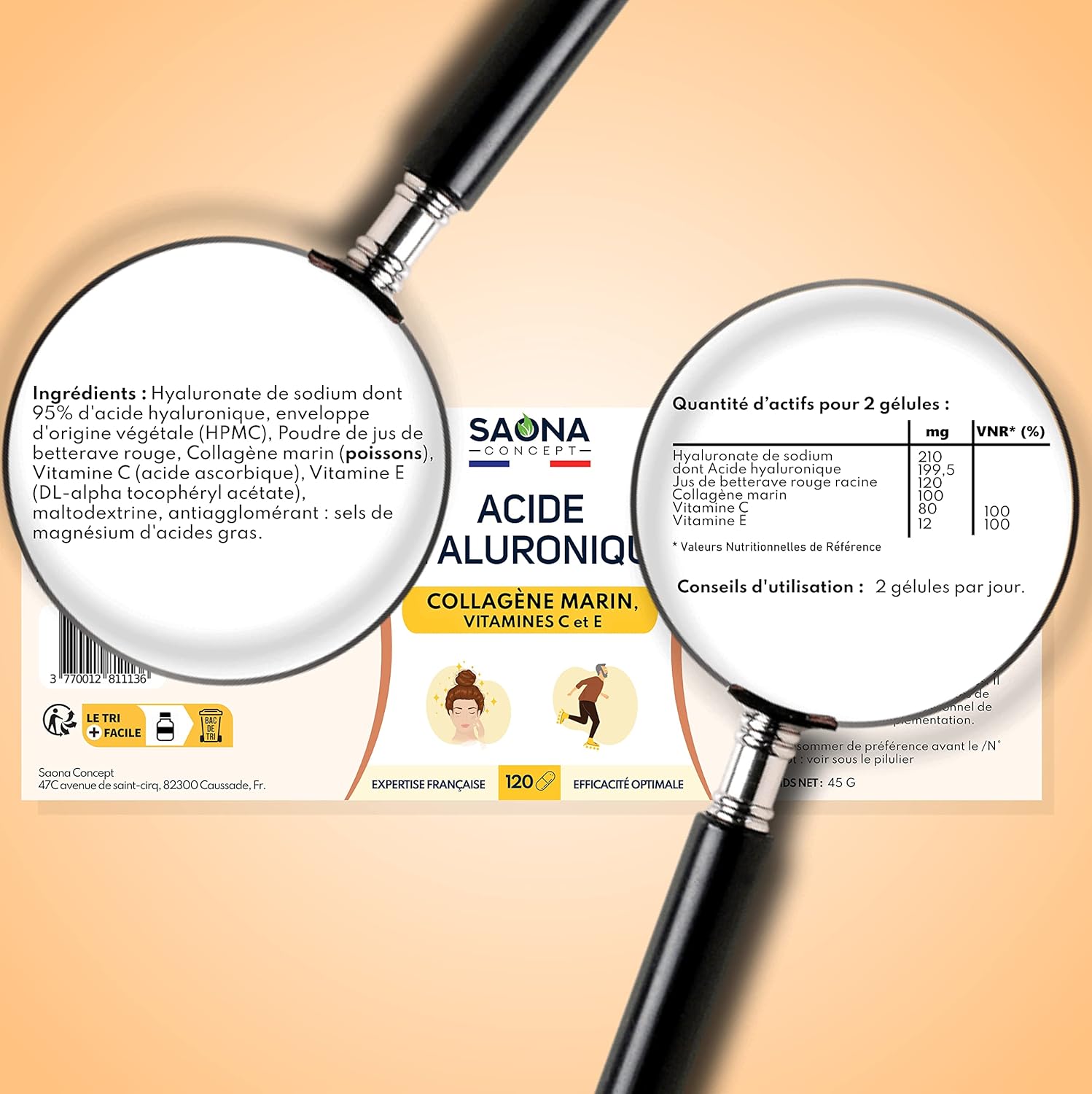 HYALURONIC ACID & MARINE COLLAGEN - Enriched with Vitamins C & E - 2 months cure - 100% natural anti-wrinkle - Anti-aging and joints - 120 capsules - Made in France - Image 7