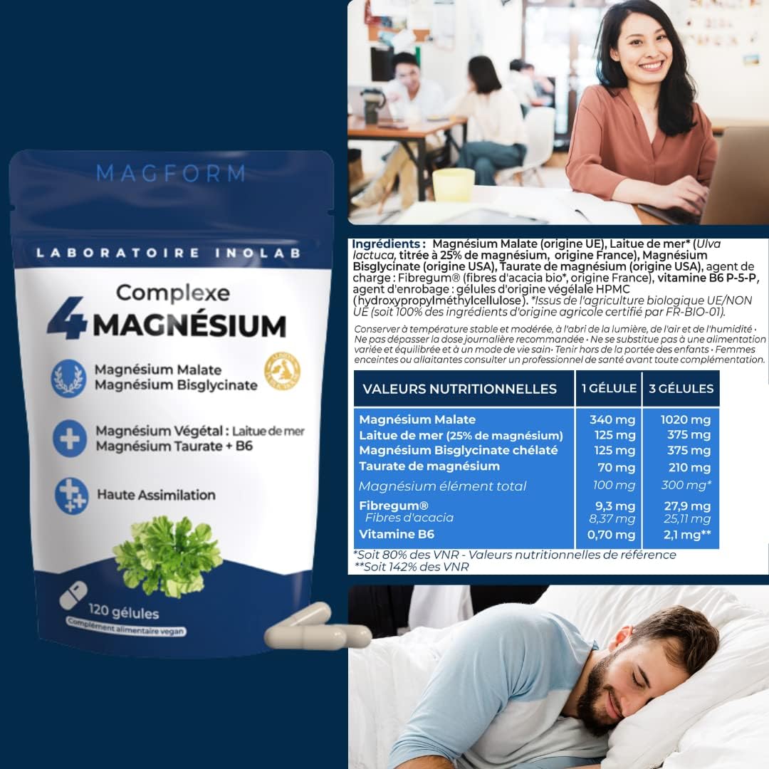 INOLAB 4 MAGNESIUM Bisglycinate + Malate + Vegetable + Chelated Taurine | 1980mg/day & B6 | 300mg Pure Mg/day | Tolerance and Assimilation Superior to Marine Mg - Image 6