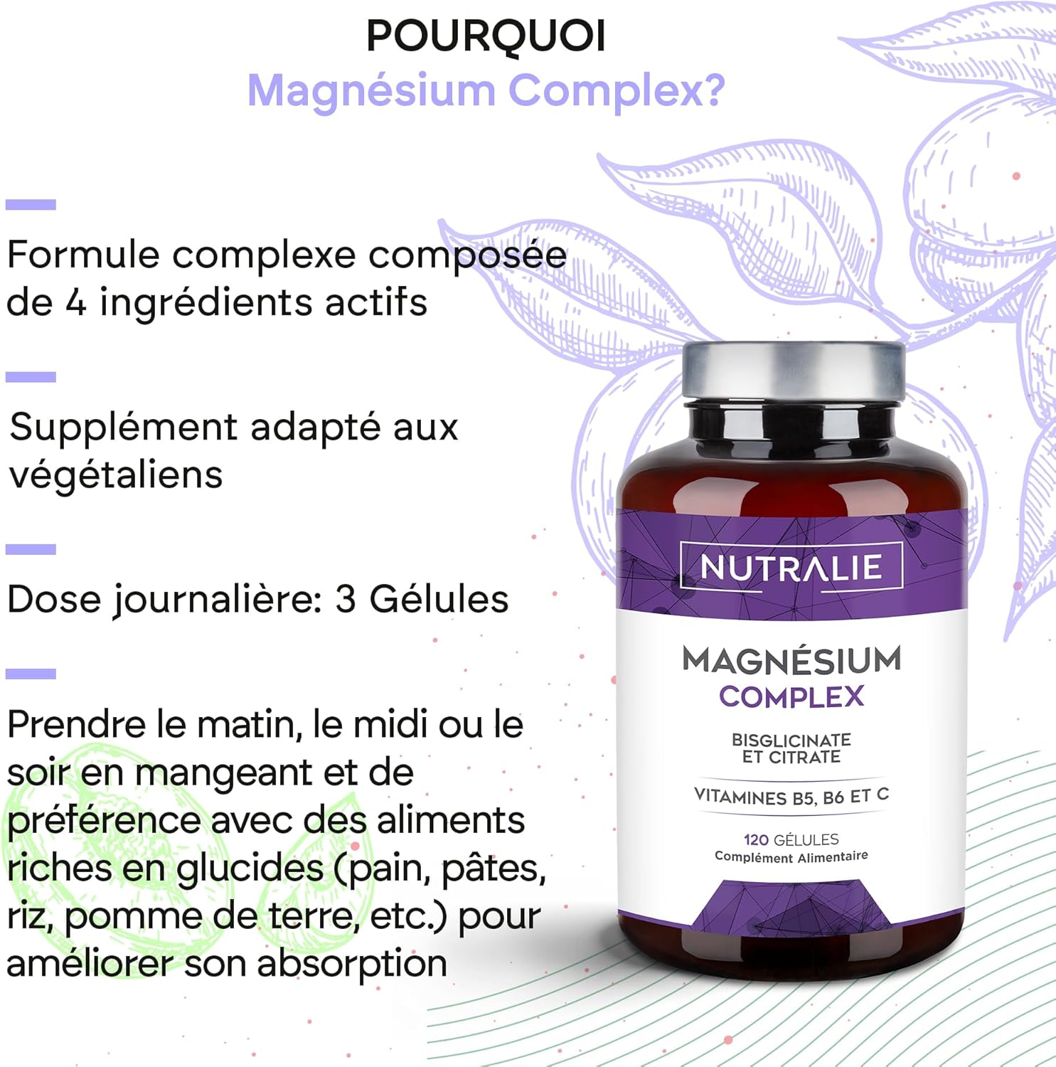 Magnesium Bisglycinate + Citrate - 2145mg - Vitamin B5 B6 C - Fatigue - Bisglycinate + Magnesium Citrate - 120 Vegan Capsules Nutralie - Image 4