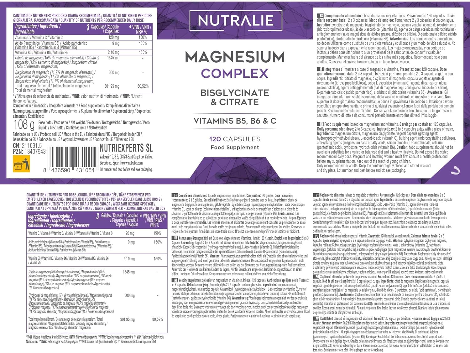 Magnesium Bisglycinate + Citrate - 2145mg - Vitamin B5 B6 C - Fatigue - Bisglycinate + Magnesium Citrate - 120 Vegan Capsules Nutralie - Image 7