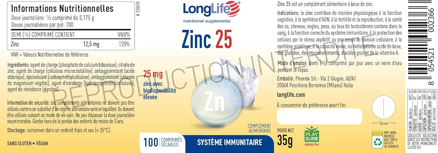 LongLife® Zinc 25 | High Dosage 25mg Zinc with High Bioavailability | Over 100 Days of Treatment | Immune Defenses, Strengthens Skin & Bone | Vegan & Gluten Free - Image 3
