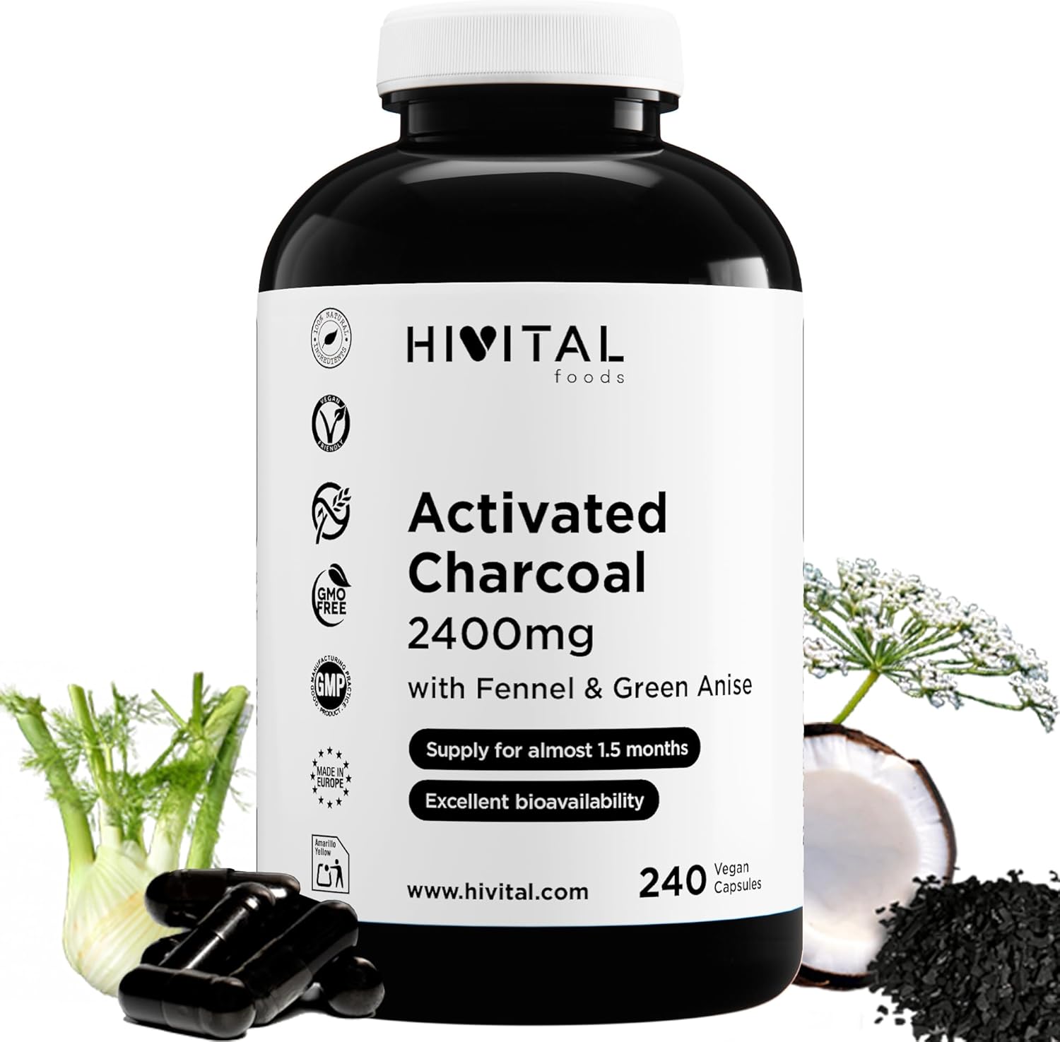 Activated Carbon 2400 mg. 240 vegan capsules for 4 months of treatment. Natural coconut activated charcoal with Fennel and Green Anise. Made in Europe by HIVITAL - Image 2