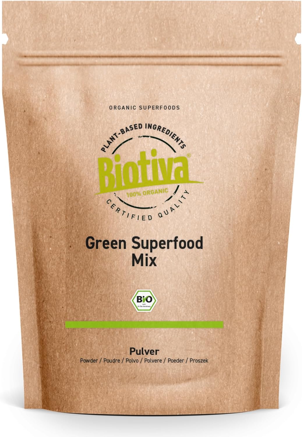 Green Superfood Mix Organic Powder 400g - Barley Grass, Wheat Grass, Spirulina, Chlorella, Moringa, Dandelion Root, Nettle, Kelp & Matcha - Mix of 9 Superfoods - Biotiva - Image 2