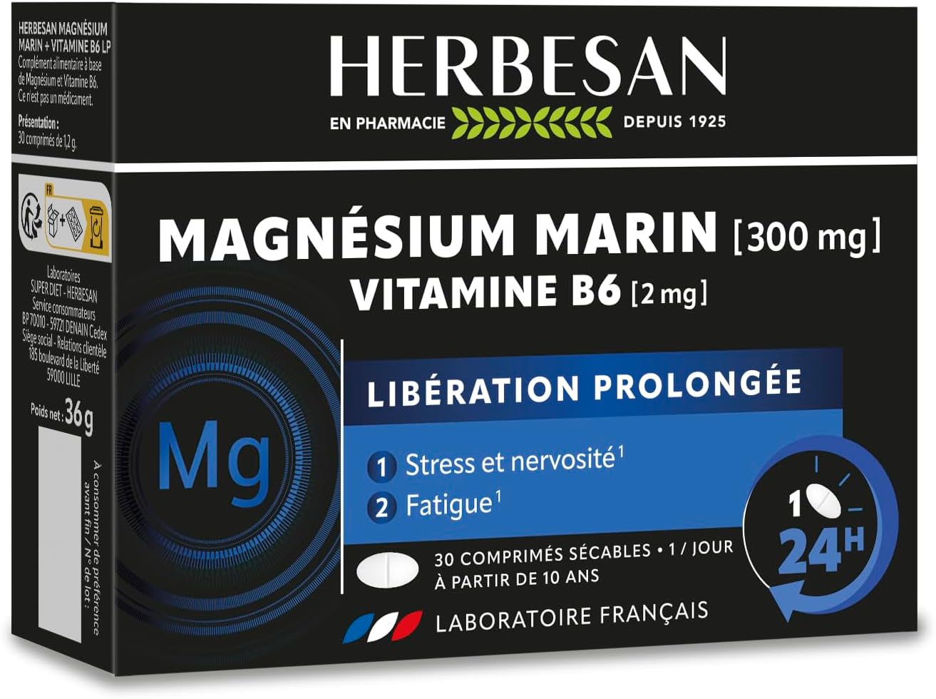 HERBESAN ® - MAGNESIUM PROLONGED RELEASE - Stress, overwork, temporary fatigue - Made in France - 30 tablets - Image 2