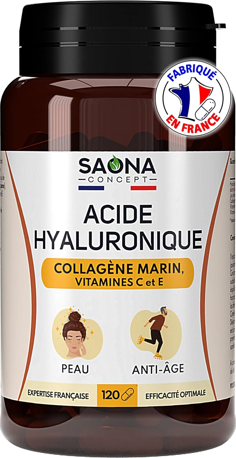 HYALURONIC ACID & MARINE COLLAGEN - Enriched with Vitamins C & E - 2 months cure - 100% natural anti-wrinkle - Anti-aging and joints - 120 capsules - Made in France - Image 2