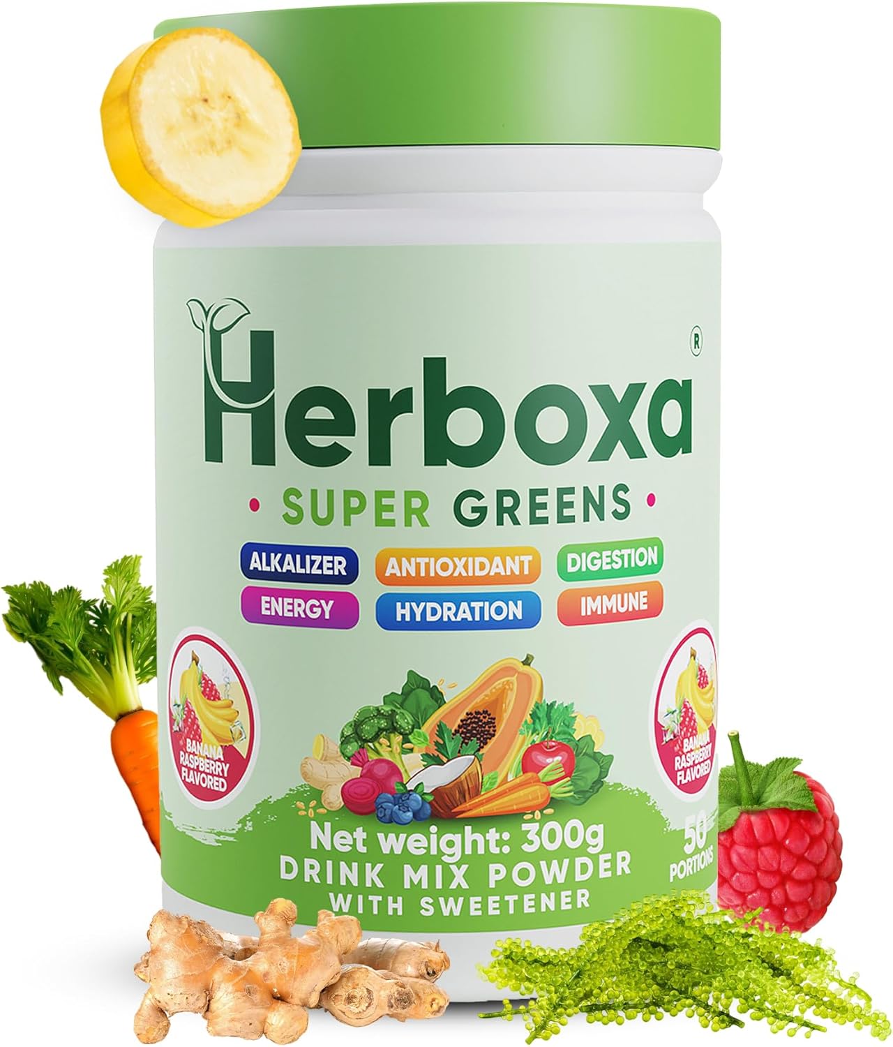 Herboxa SUPER GREENS 50 Servings Banana Raspberry Flavour Zinc Chrome Chicory Root Powder Supplement - Image 2