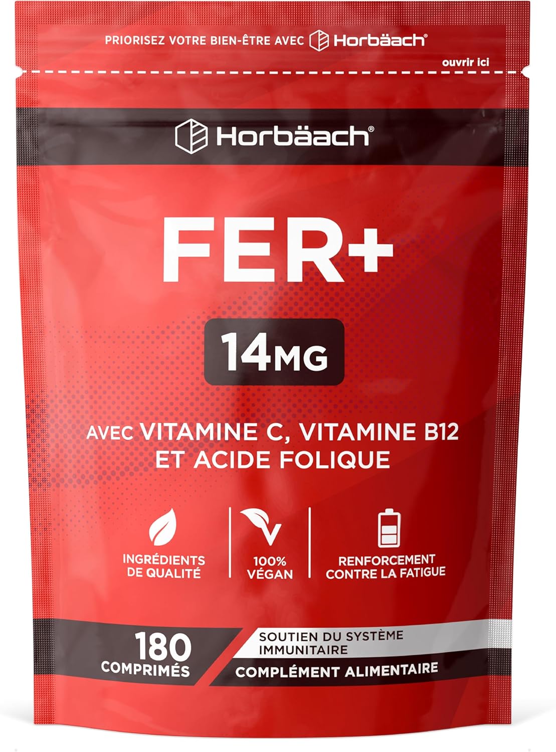 Iron Food Supplement with Folic Acid Vitamin B12 and Vitamin C | 14mg | 180 Vegan Capsules | Iron Supplement Tablets | Immune System Supplement | by Horbaach - Image 2