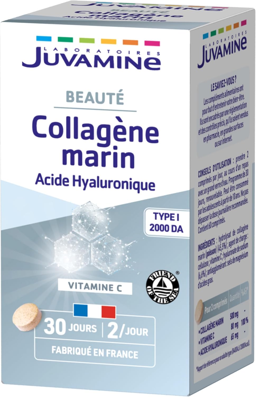 JUVAMINE Marine Collagen and Hyaluronic Acid, Vitamin C, Beauty, Skin and Joints, 30 Day Program, 60 Tablets, Made in France - Image 2