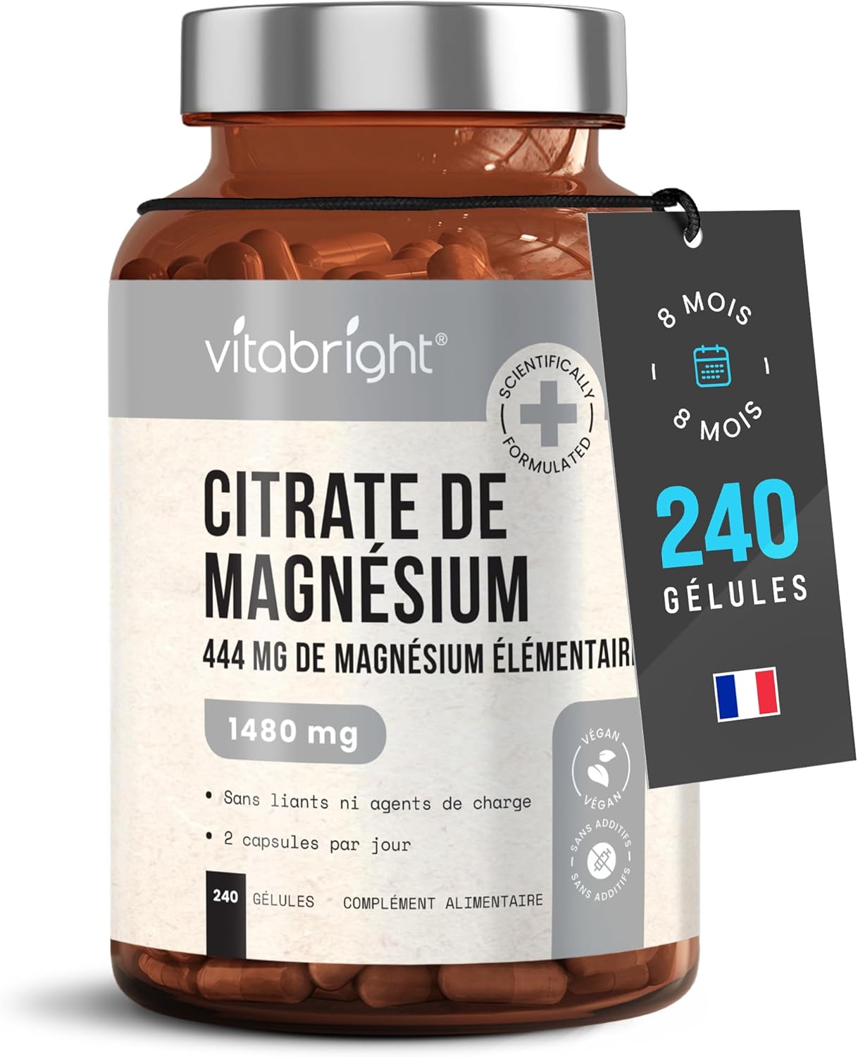 Magnesium Citrate 1480mg - 444mg Elemental Magnesium Per Serving - 240 Capsules (4-8 Months) - Formula Without Additives - VitaBright Magnesium - Image 2