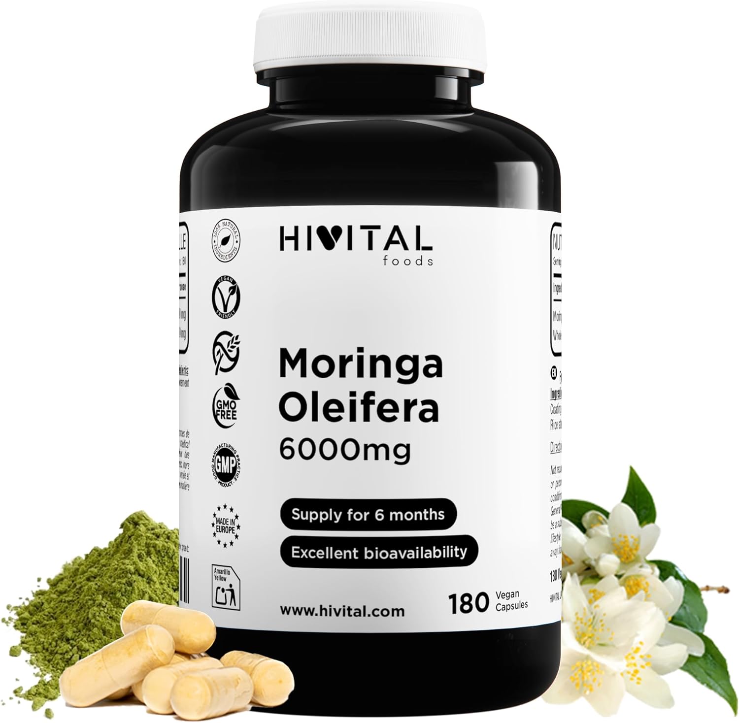 Moringa Oleifera 6000 mg. 180 vegan capsules for 6 months of treatment. Natural extract source of vitamins, minerals, amino acids and fatty acids. Made in Europe by HIVITAL - Image 2