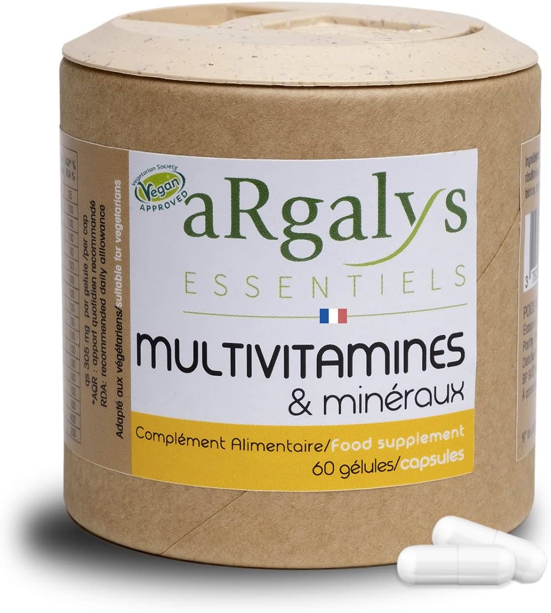 Multivitamins and minerals (2 months) - 20 Nutrients - Vitamins A, B, C, D3, E, K1 and H - Iodine, Selenium + Magnesium - Men/Women - Vegan - 60 capsules made in France - Argalys Essentiels - Image 2