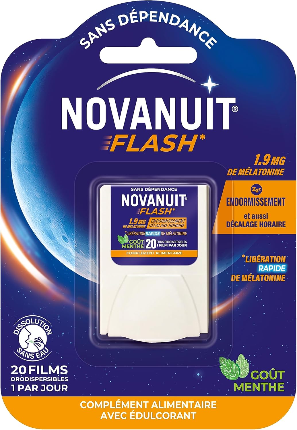 NOVANUIT FLASH – Dietary supplement – Sleep – 1.9mg melatonin – 20 films – Practical format - Mint taste - Sleepy - Time difference - Spot use - Adult only - Image 2