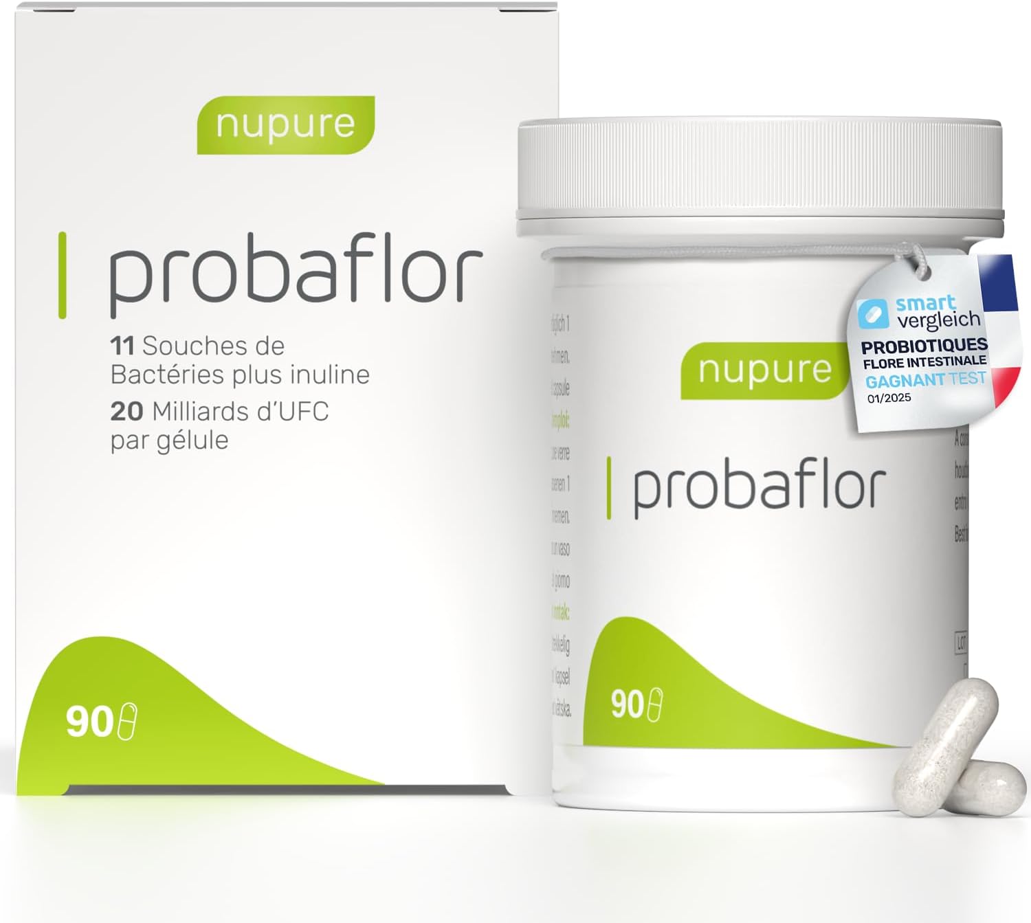 Nupure® Probiotic Probaflor 90 capsules, 20 billion CFU, 11 special patented bacterial strains, with Prebiotic Inulin per intestinal flora, better protected thanks to a special container. - Image 2