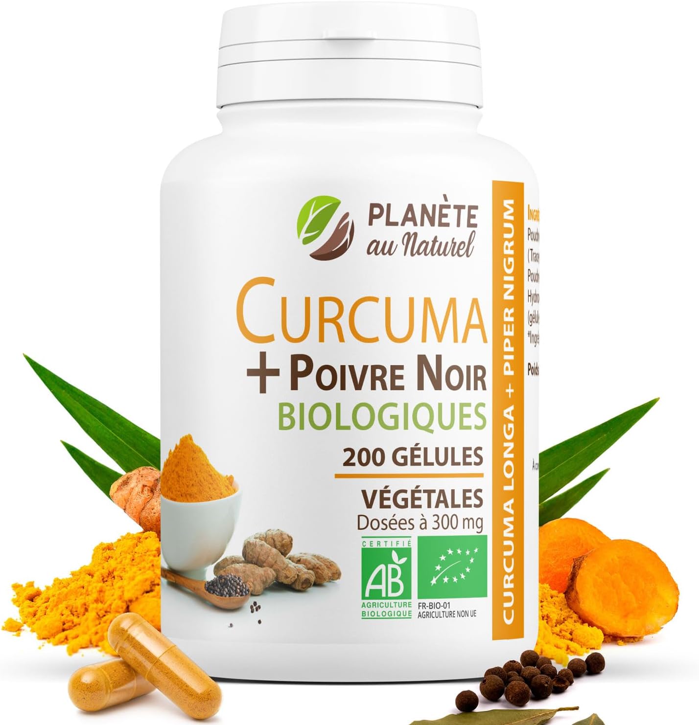 Planète au Naturel Organic Turmeric and Black Pepper 300mg - 200 Vegetable Capsules - Image 2