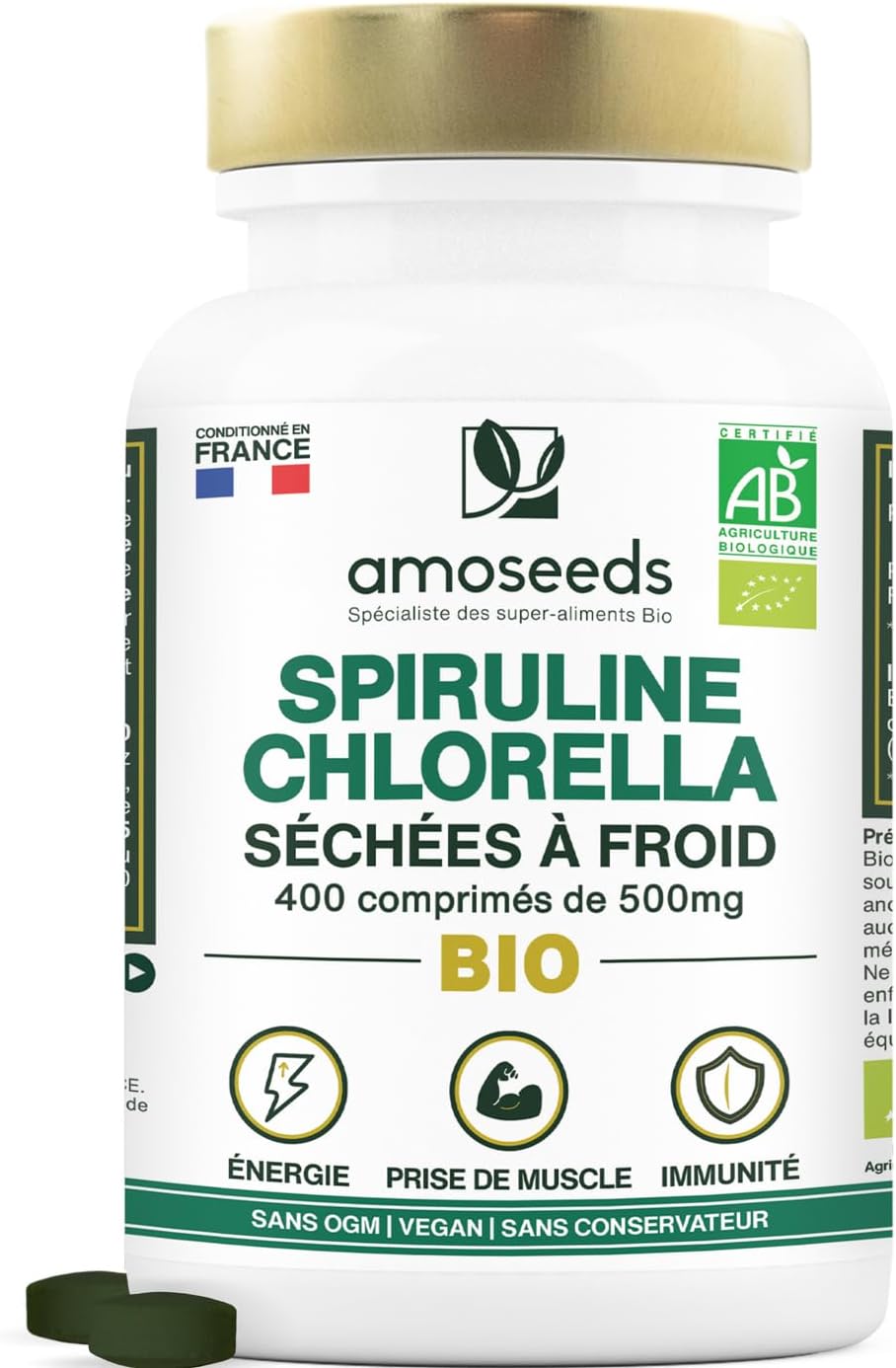 Spirulina & Chlorella BIO | 400 Vegan Tablets of 500mg | 4500mg per day | 17% Phycocyanin, Cold Dried | Detox, Anti-fatigue, Antioxidant | Top Quality - Image 2