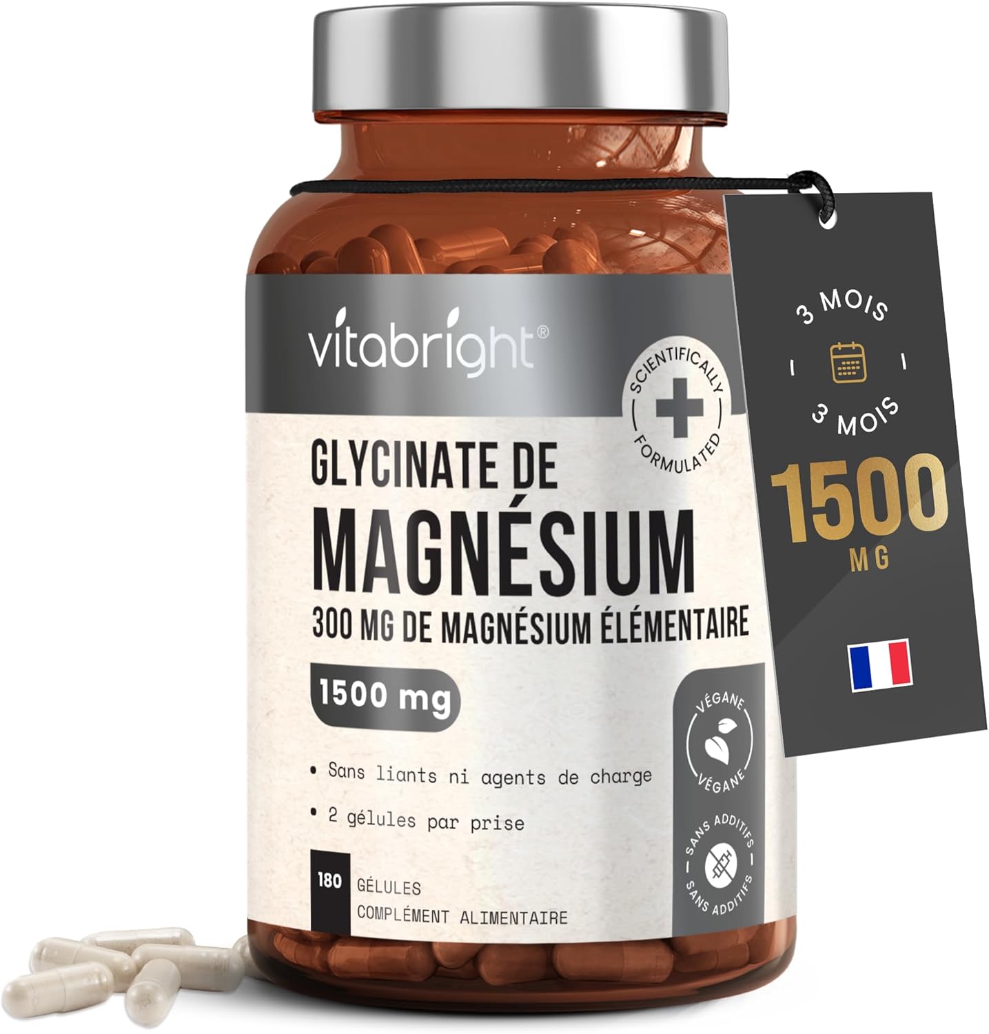 VitaBright Magnesium Bisglycinate Bio 1500mg - 300mg Elemental Magnesium Per Serving - 180 Vegetable Capsules for 3 Months - No Additives. - Image 2