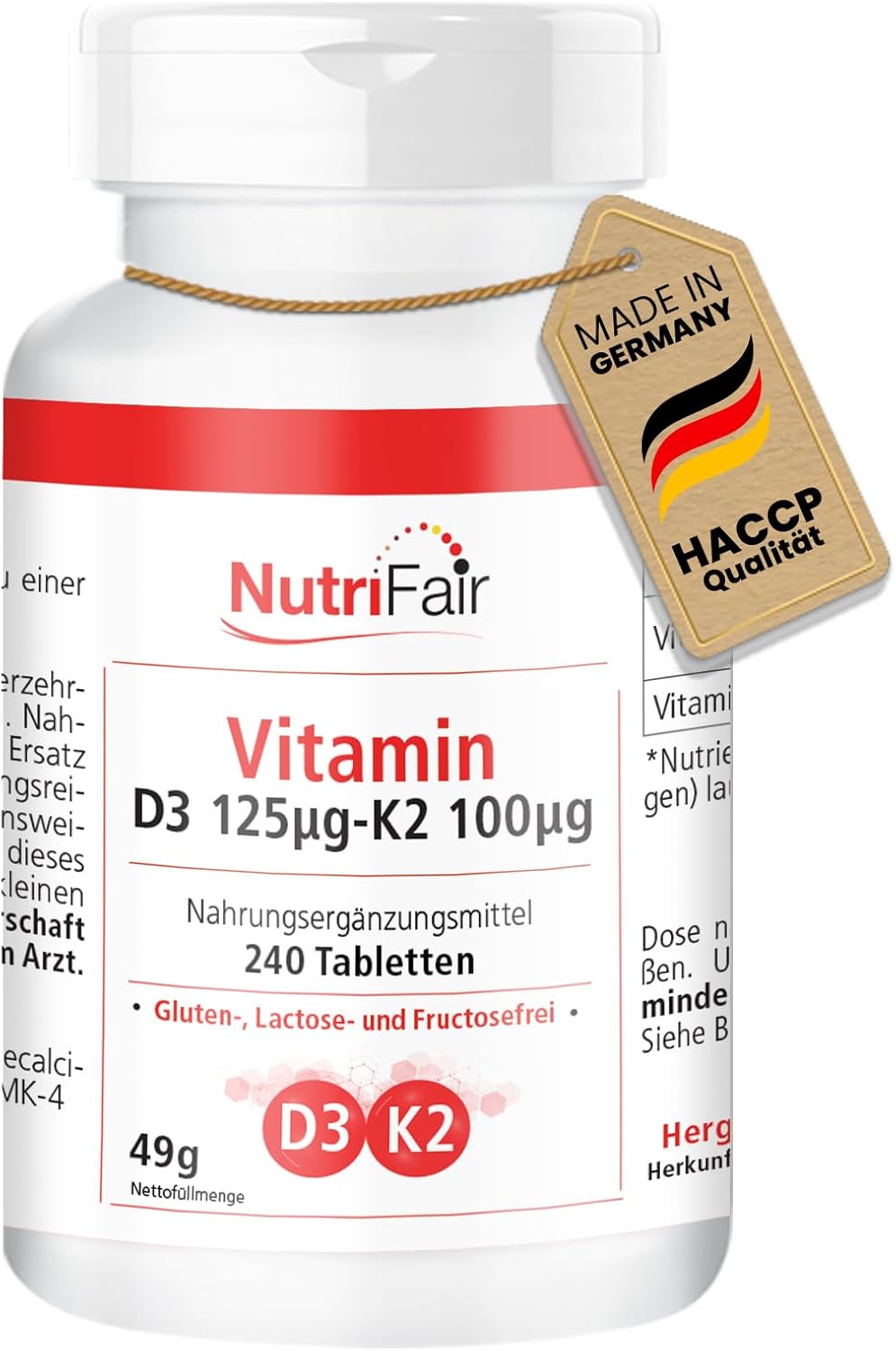 Vitamin D3 + K2-240 tablets - High dose - optimal bioavailability - 100% vegan - German production & laboratory tests - NutriFair | Premium & Fair - Image 2