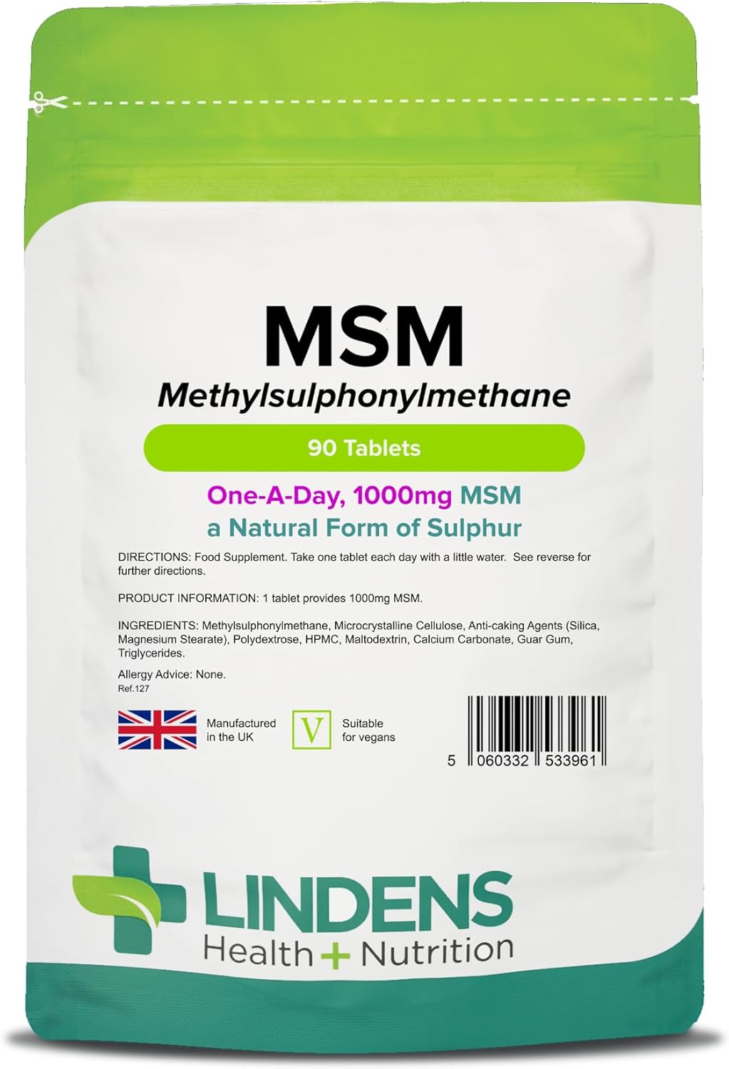 lindens MSM 1000MG Tablets (Methylsulfonylmethane) 90 Pack GB manufacturer Suitable for vegans and vegetarians - Image 2