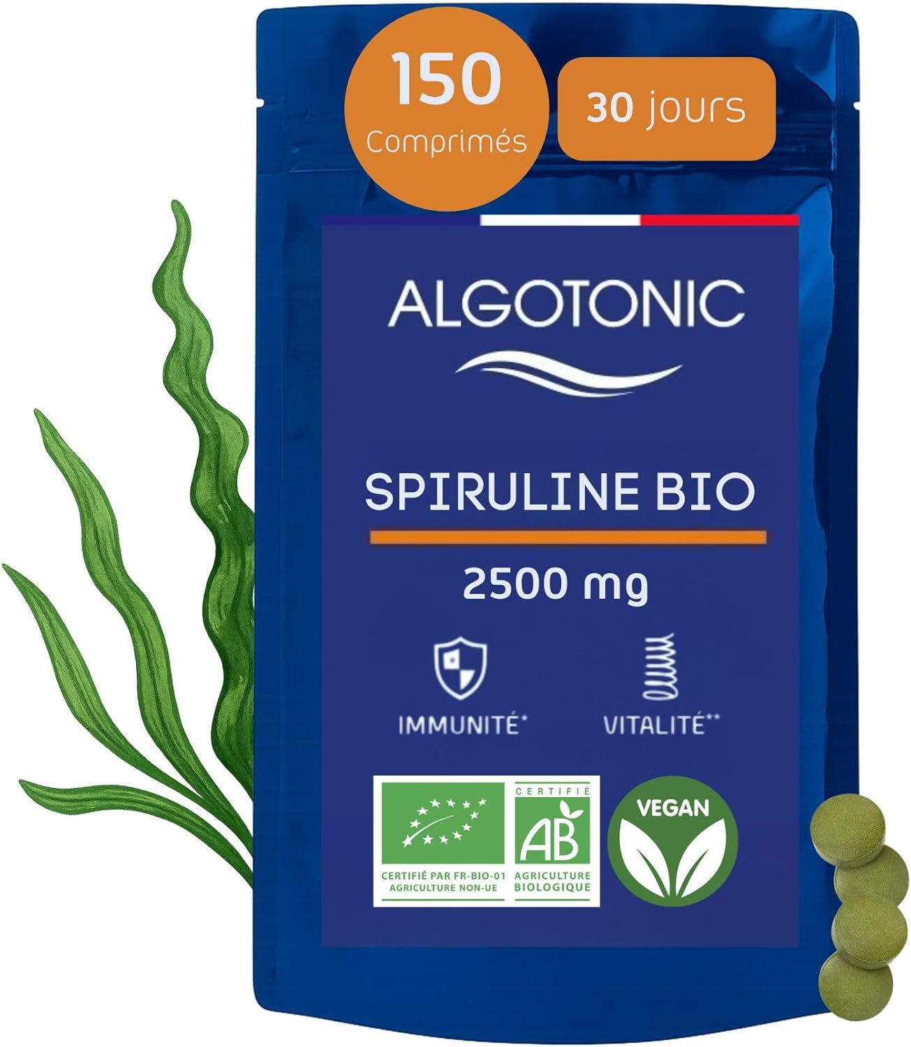 100% PURE ORGANIC Spirulina - 2500 mg per day - 150 tablets - 30 day cure - Phycocyanin - Proteins, Vitamins and Minerals - Strengthens the immune system, vitality and tone - Image 2