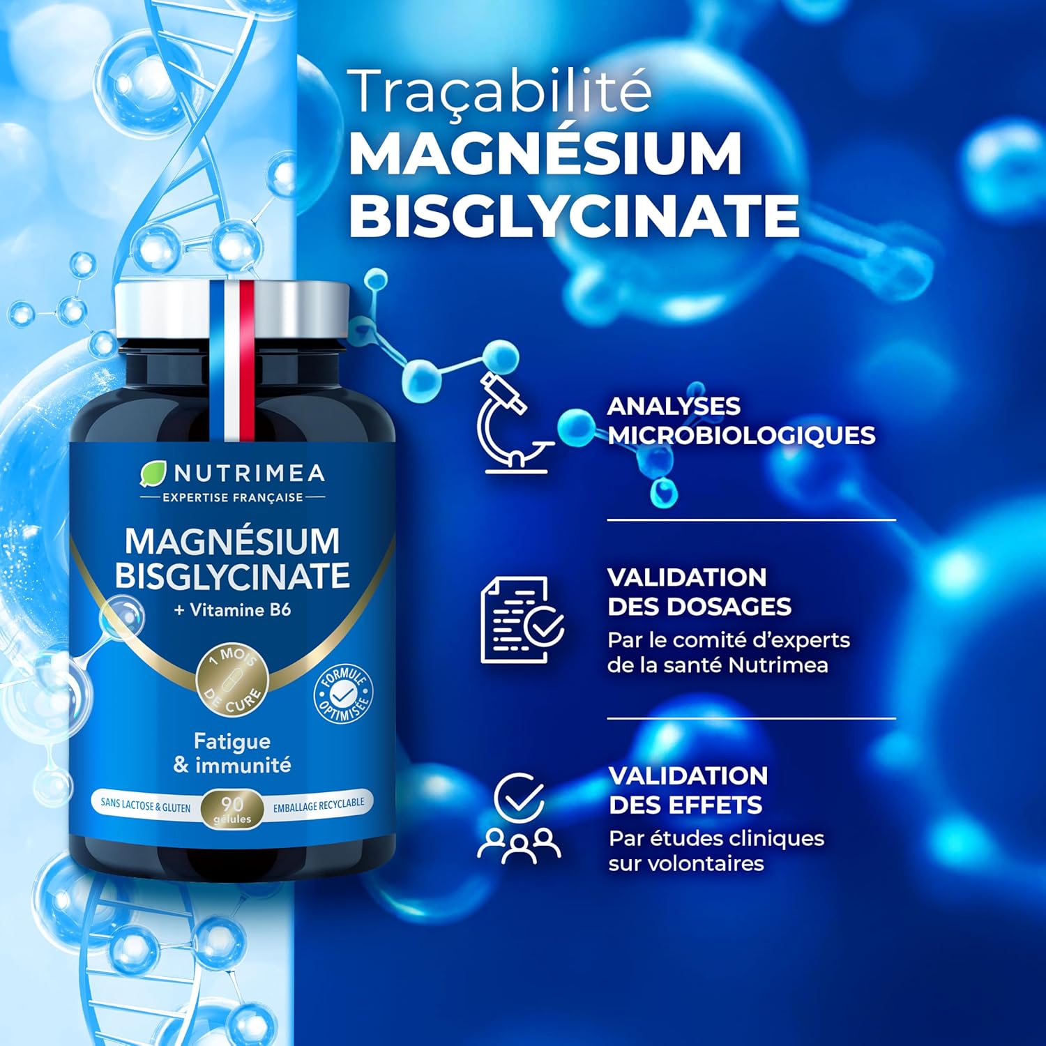 Magnesium Bisglycinate + Vitamin B6 - Sleep, Stress, Fatigue - Maximum Absorption & Easy Assimilation - 90 Vegan Capsules - Nutrimea - Made in France - Image 5