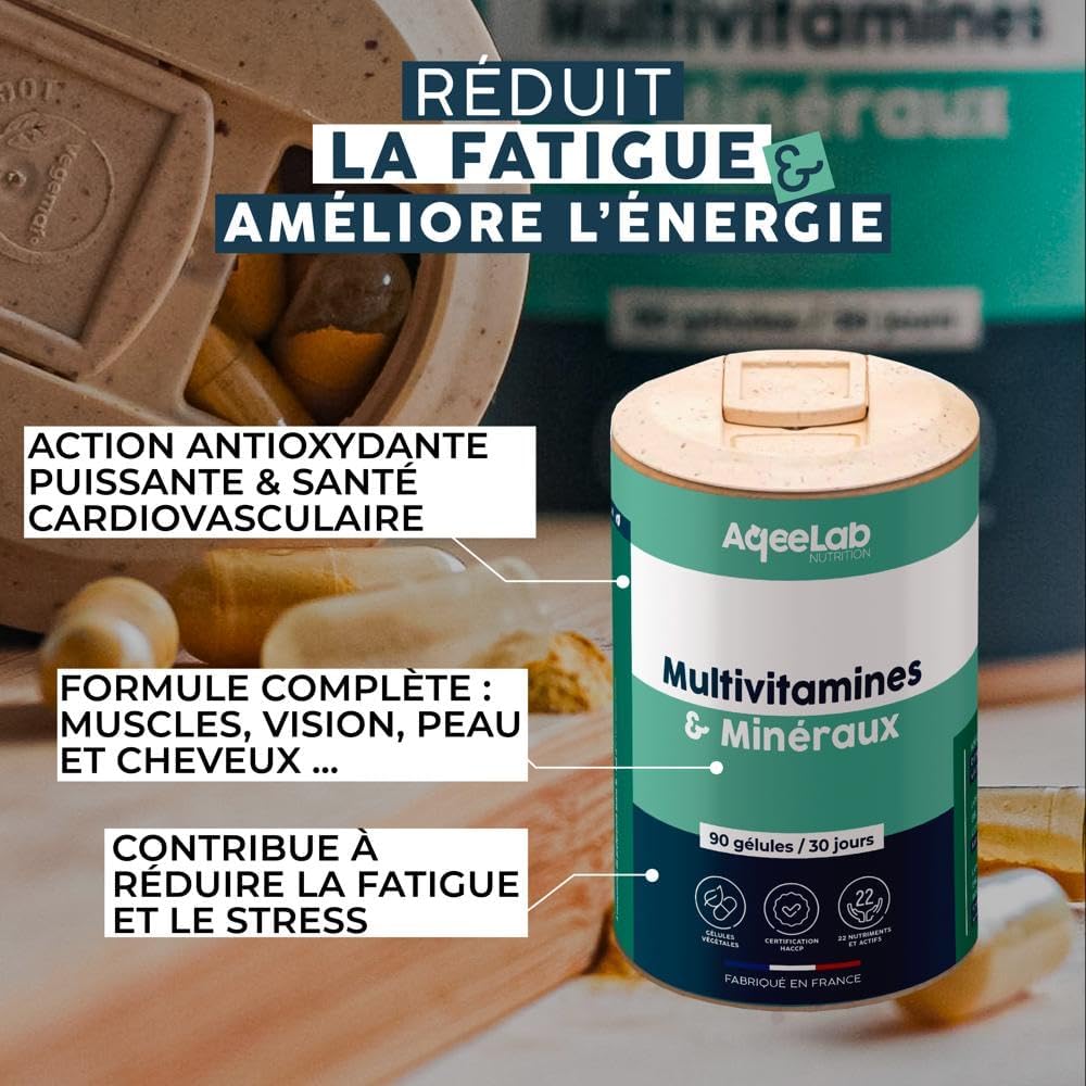 Multivitamins & Minerals • Reduces fatigue & boosts energy • 22 vitamins, minerals & natural active ingredients: A,B,C,D,E, Magnesium, Zinc • 30 days • Made in France • eco-friendly brand • AqeeLab - Image 3