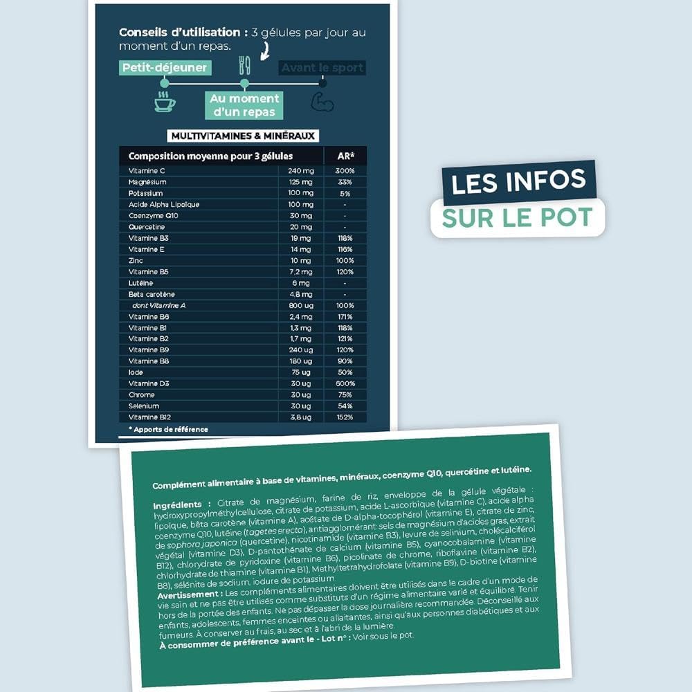 Multivitamins & Minerals • Reduces fatigue & boosts energy • 22 vitamins, minerals & natural active ingredients: A,B,C,D,E, Magnesium, Zinc • 30 days • Made in France • eco-friendly brand • AqeeLab - Image 9