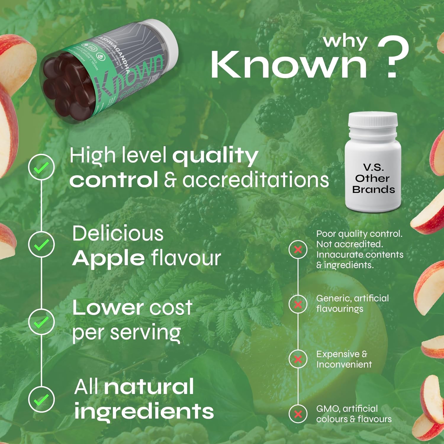 Known 3000mg Ashwagandha High Concentration Gummies – Apple Flavour – Vegan Gum Supplement with Root Extract & Vitamin B6 – Energy, Mood & Wellness – 1 Month Cure – For Men & Women - Image 6