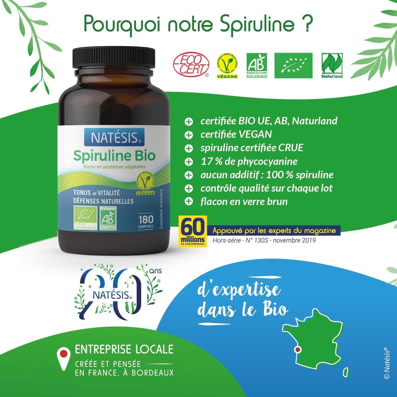 NATESIS — Organic & Vegan Spirulina — 180 tablets — High in Protein — Phycocyanin 16.5% — Sport, Weight Control, Energy, Immunity — High Quality - Image 5