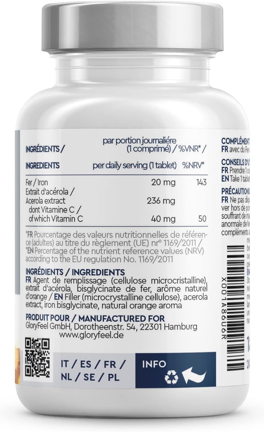 Iron Food Supplement 20mg + Vitamin C, 240 Tablets (8 Months), Blood Replenishing, Against Physical Fatigue and Anemia, Highly Bioavailable, Natural Orange Flavor, 100% Vegan - Image 5