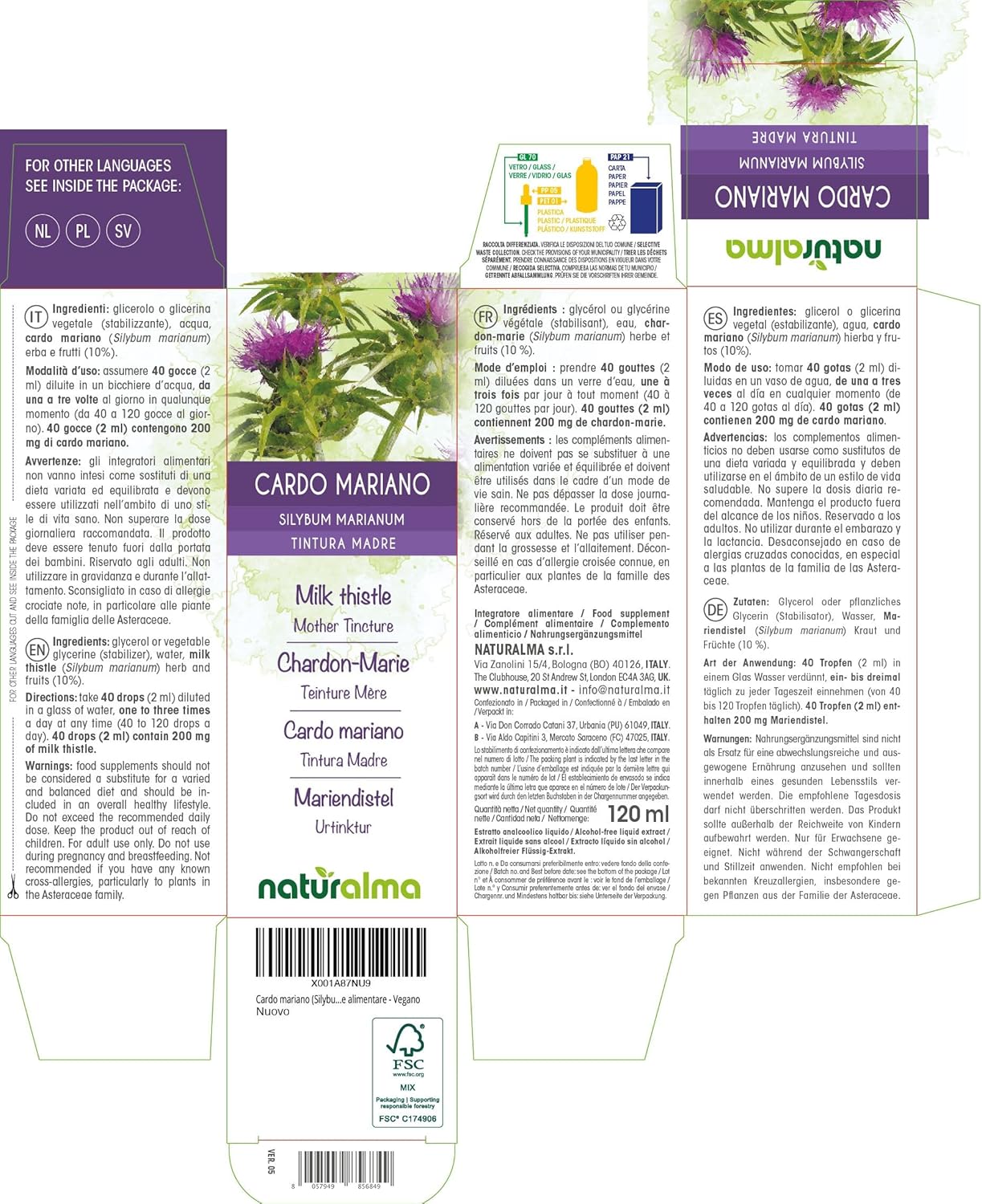 Milk thistle (Silybum marianum) herb and fruit Naturalma alcohol free mother tincture - liquid extract drops 120 ml - dietary supplement - vegan or vegan - Image 3