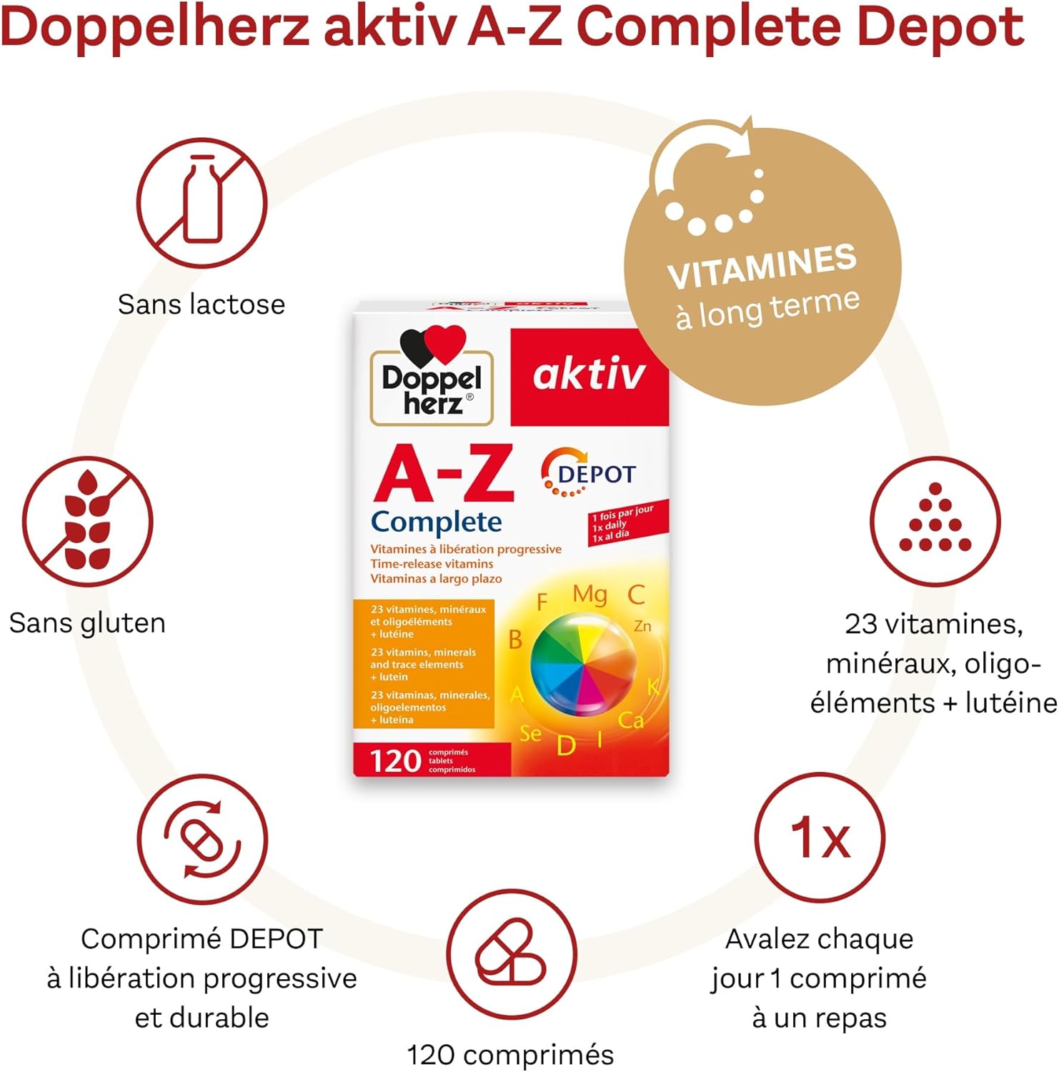 Doppelherz aktiv A-Z Complete Depot, Dietary Supplement, Progressive Release Vitamins, Calcium, Magnesium, Iron, Zinc, Biotin, Folic Acid, 120 Tablets - Image 6