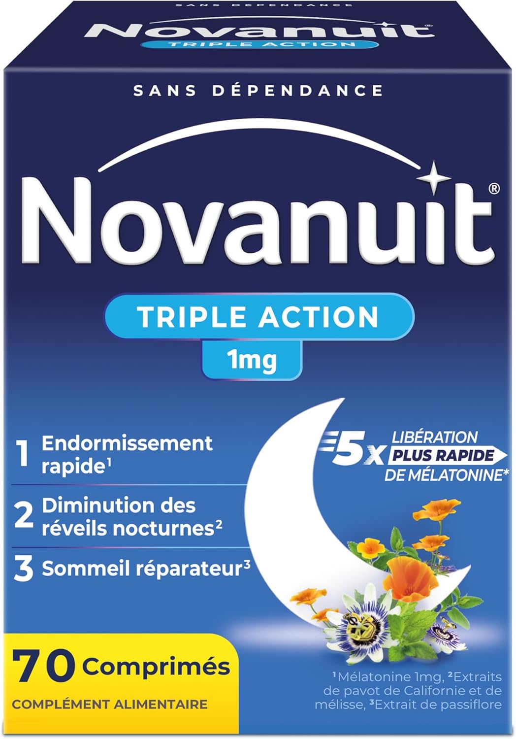 NOVANUIT TRIPLE ACTION – Sleeping – Food Supplement – Night Wake-up – Restful Sleep – Melatonin 1mg Plants Vitamin B6 – 70 Tablets – Adult Only - Image 3