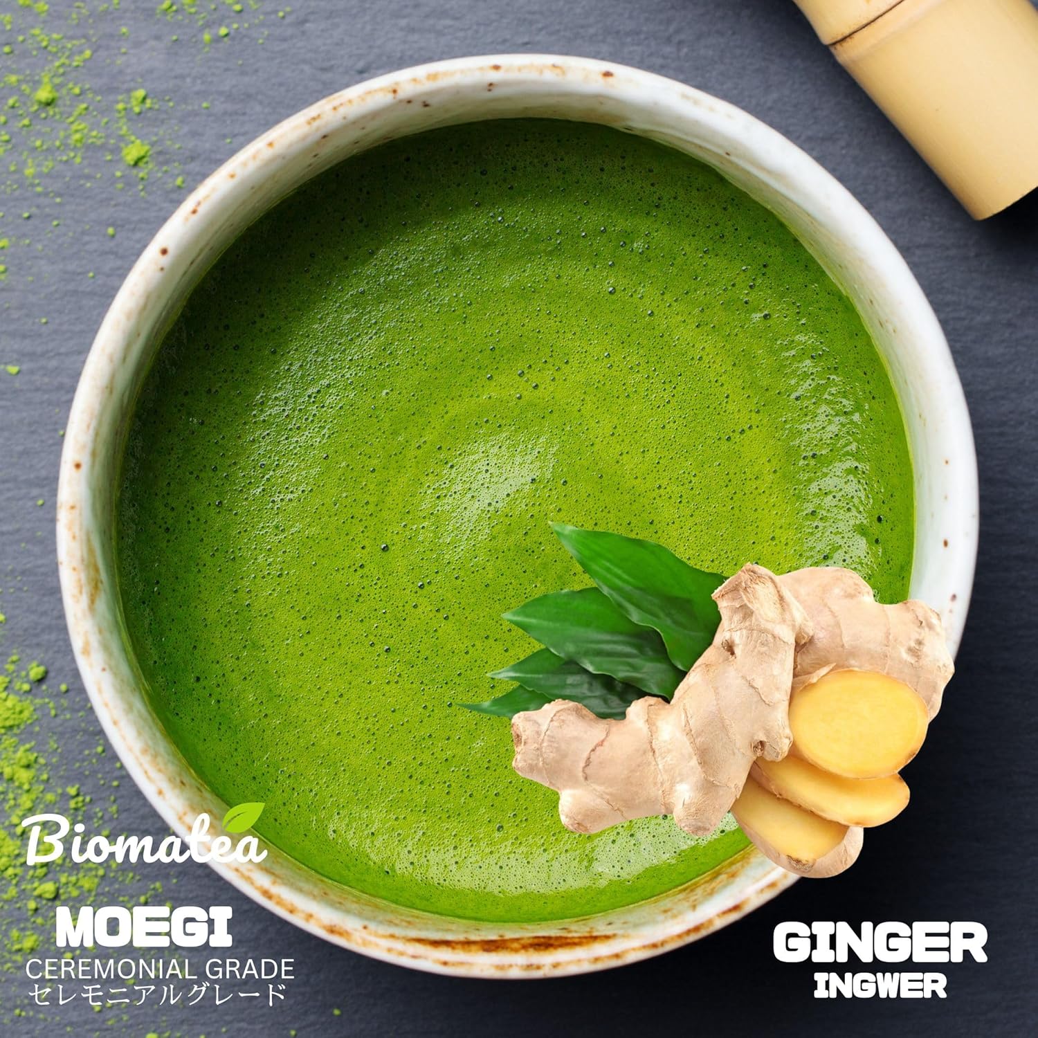 Biomatea Matcha Ingembre Tea 50g - Ceremonial Quality from Japan - Premium Green Tea with Ginger Japanese Ginger Powder - First Harvest, Superfood, Vegan, Sugar Free - Image 3