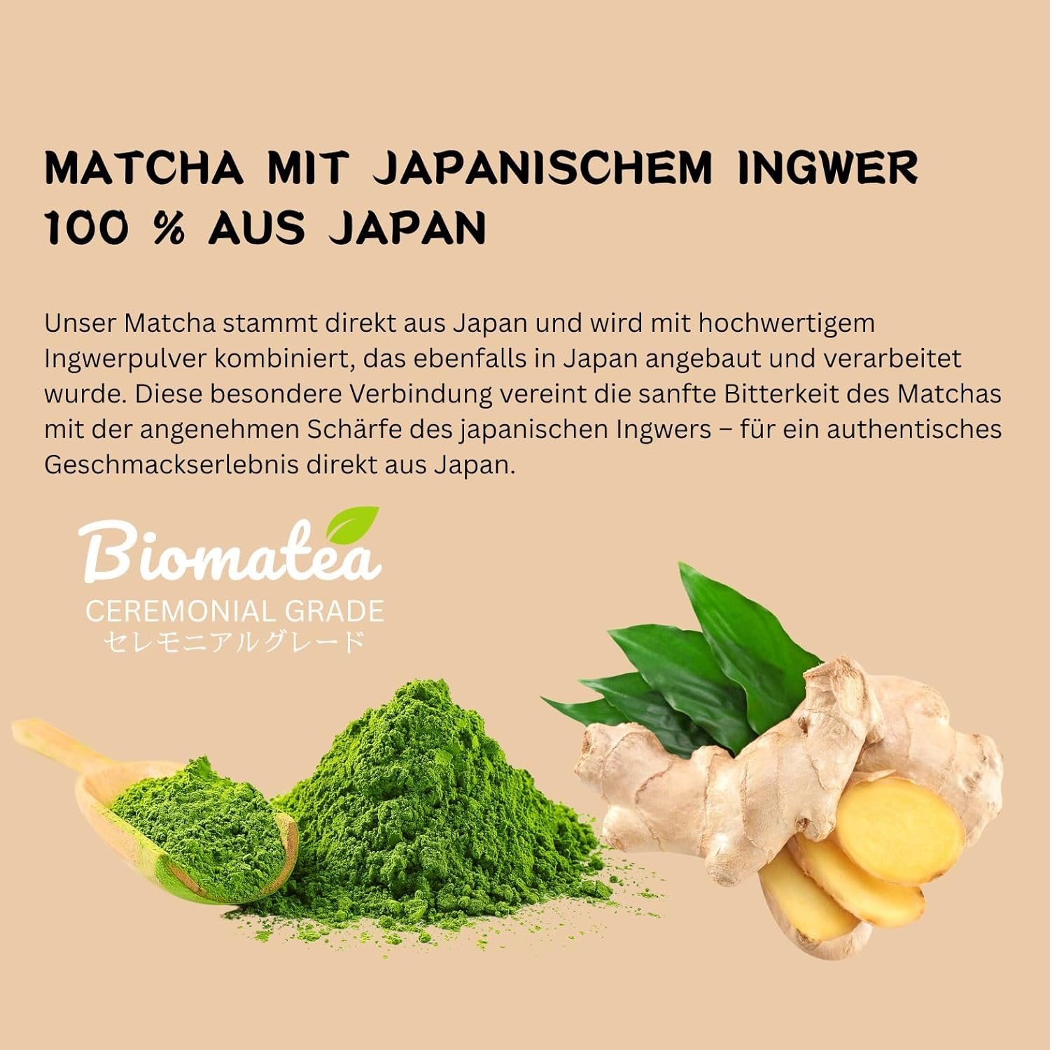 Biomatea Matcha Ingembre Tea 50g - Ceremonial Quality from Japan - Premium Green Tea with Ginger Japanese Ginger Powder - First Harvest, Superfood, Vegan, Sugar Free - Image 4