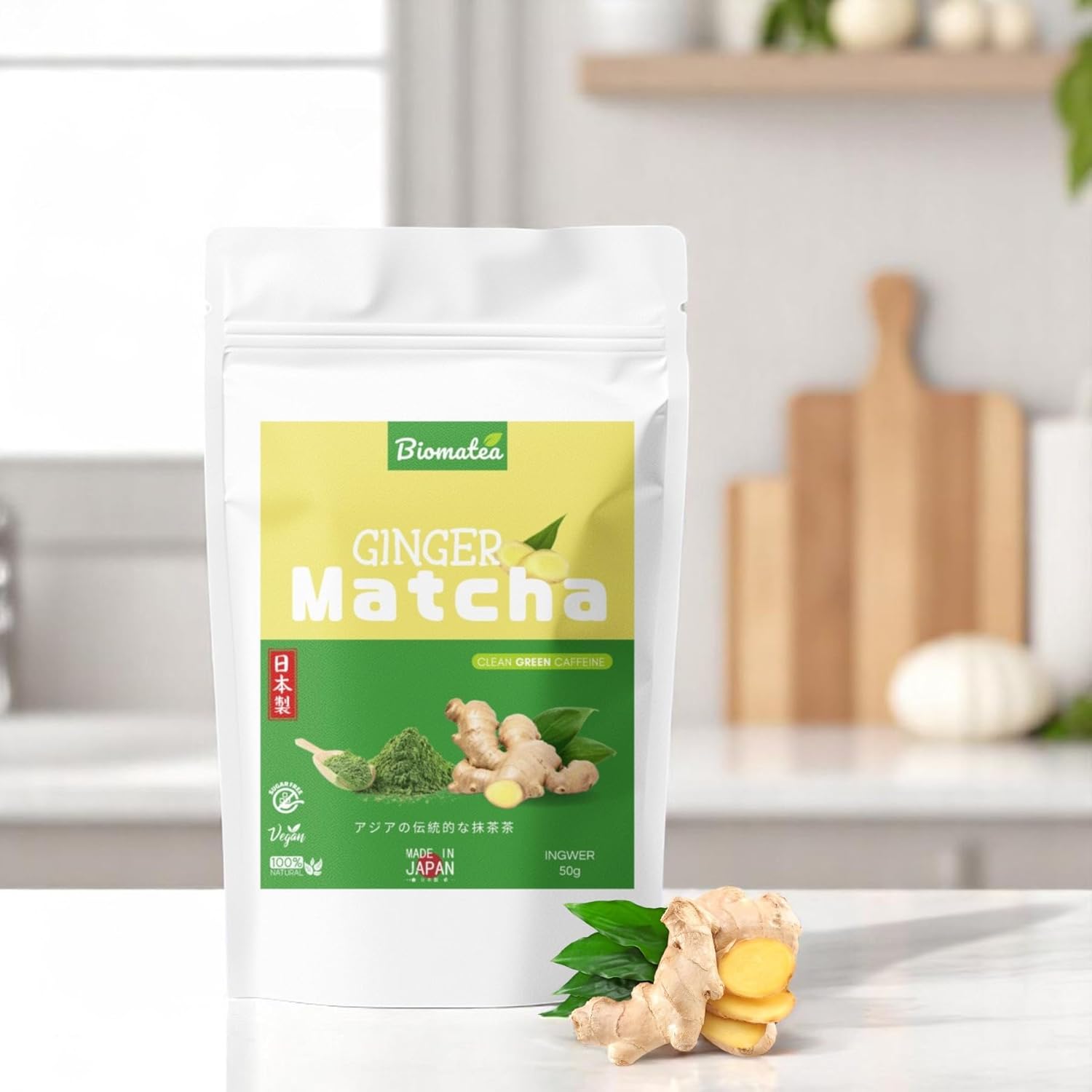 Biomatea Matcha Ingembre Tea 50g - Ceremonial Quality from Japan - Premium Green Tea with Ginger Japanese Ginger Powder - First Harvest, Superfood, Vegan, Sugar Free - Image 5