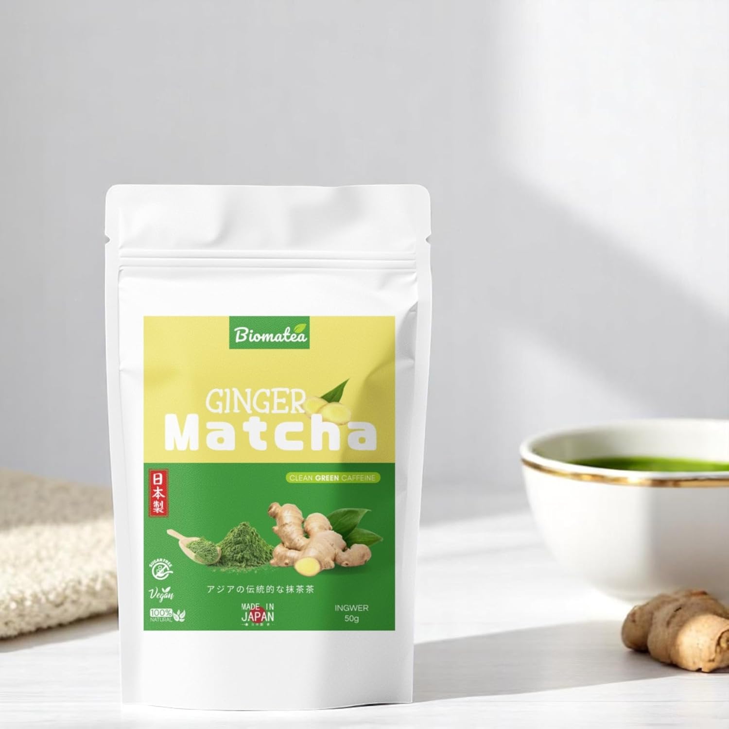 Biomatea Matcha Ingembre Tea 50g - Ceremonial Quality from Japan - Premium Green Tea with Ginger Japanese Ginger Powder - First Harvest, Superfood, Vegan, Sugar Free - Image 6