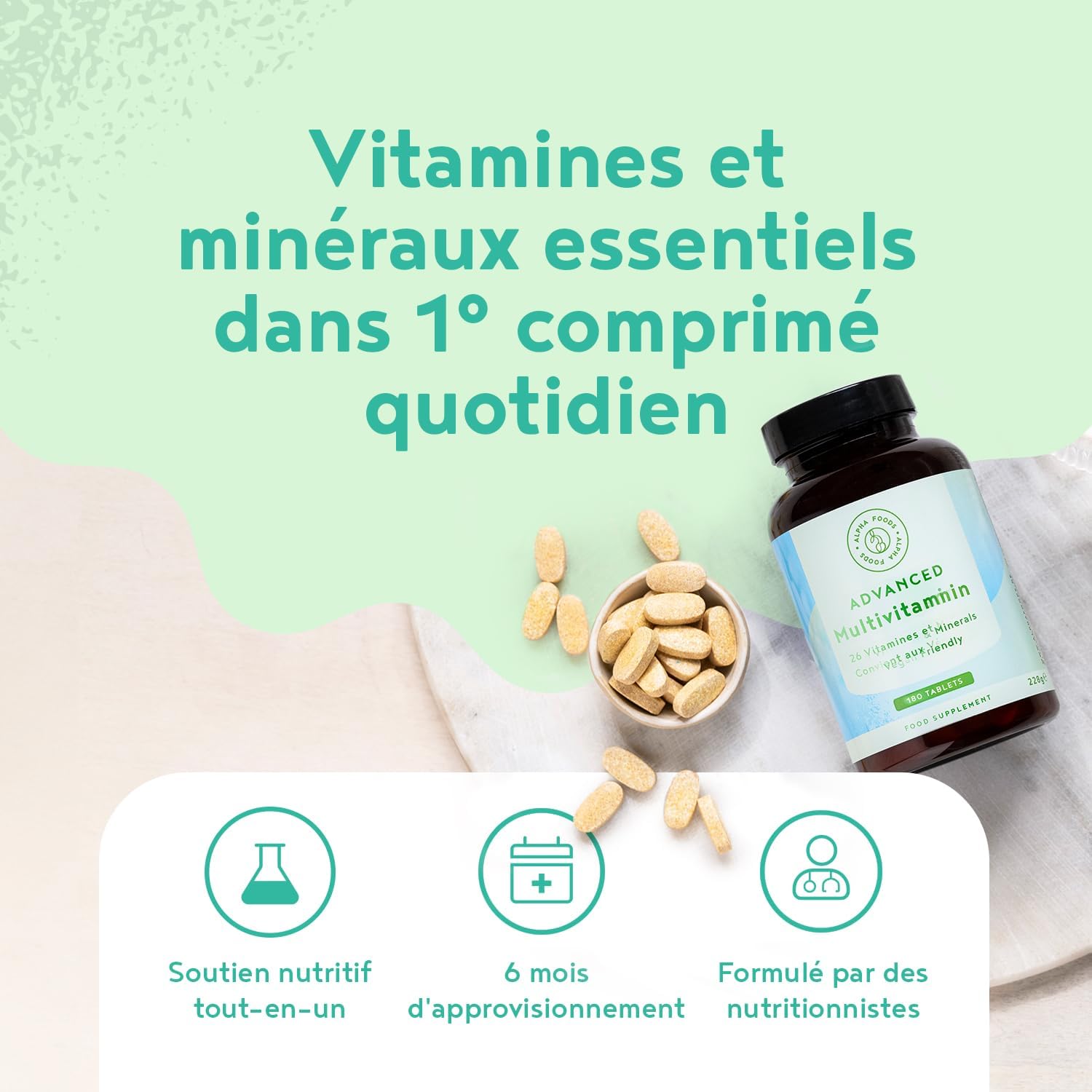 Multivitamins and Minerals - 180 Vegan Tablets - 26 Vitamins & Minerals with Vitamin A B C D E K Calcium Magnesium Zinc Iron Iodine - Immunity, Fatigue and Skin - for Women and Men - Alpha Foods - Image 6