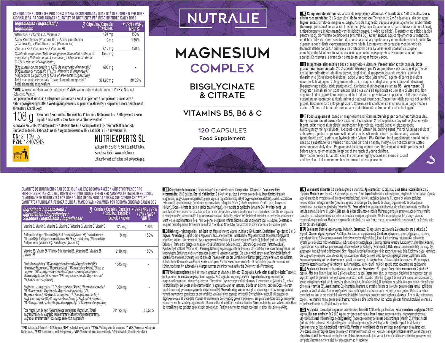 Magnesium Bisglycinate + Citrate - 2145mg - Vitamin B5 B6 C - Fatigue - Magnesium Citrate and Magnesium Bisglycinate - 120 Vegan Capsules Nutralie - Image 7