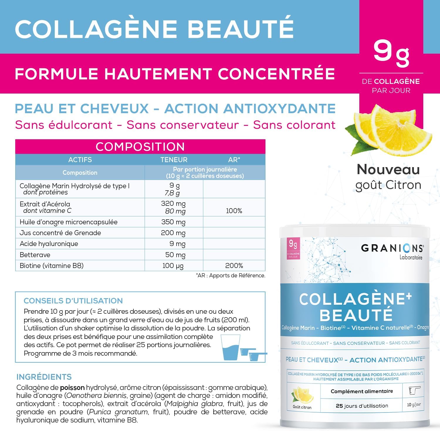 GRANIONS Collagen Marine + Beauty Collagen and Hyaluronic Acid, Biotin Hair, Vitamin C - Beauty Skin - Food Supplement for Hair - High Assimilation, Collagen Lemon Flavour - Powder 250 g - Image 3