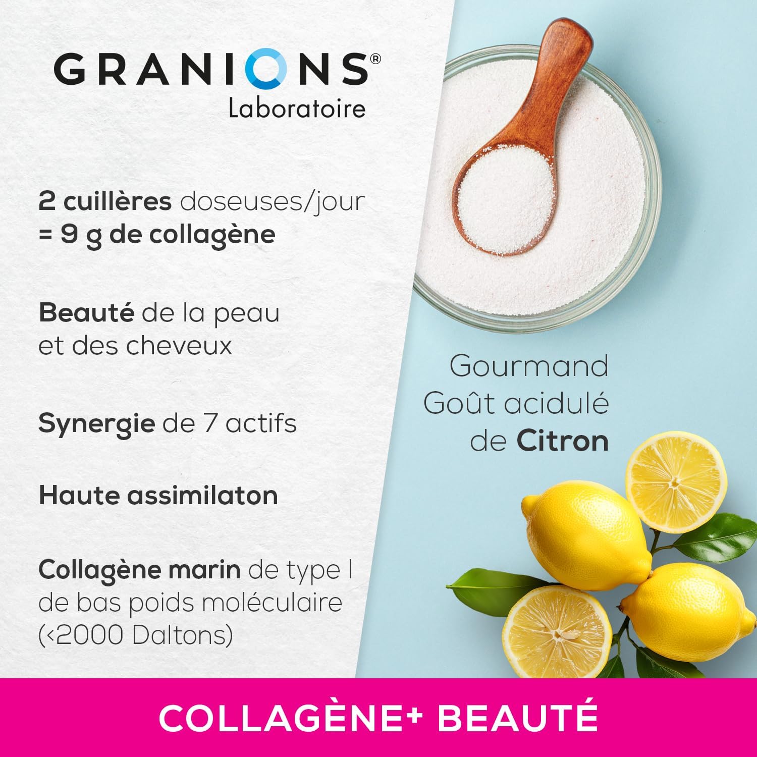 GRANIONS Collagen Marine + Beauty Collagen and Hyaluronic Acid, Biotin Hair, Vitamin C - Beauty Skin - Food Supplement for Hair - High Assimilation, Collagen Lemon Flavour - Powder 250 g - Image 4