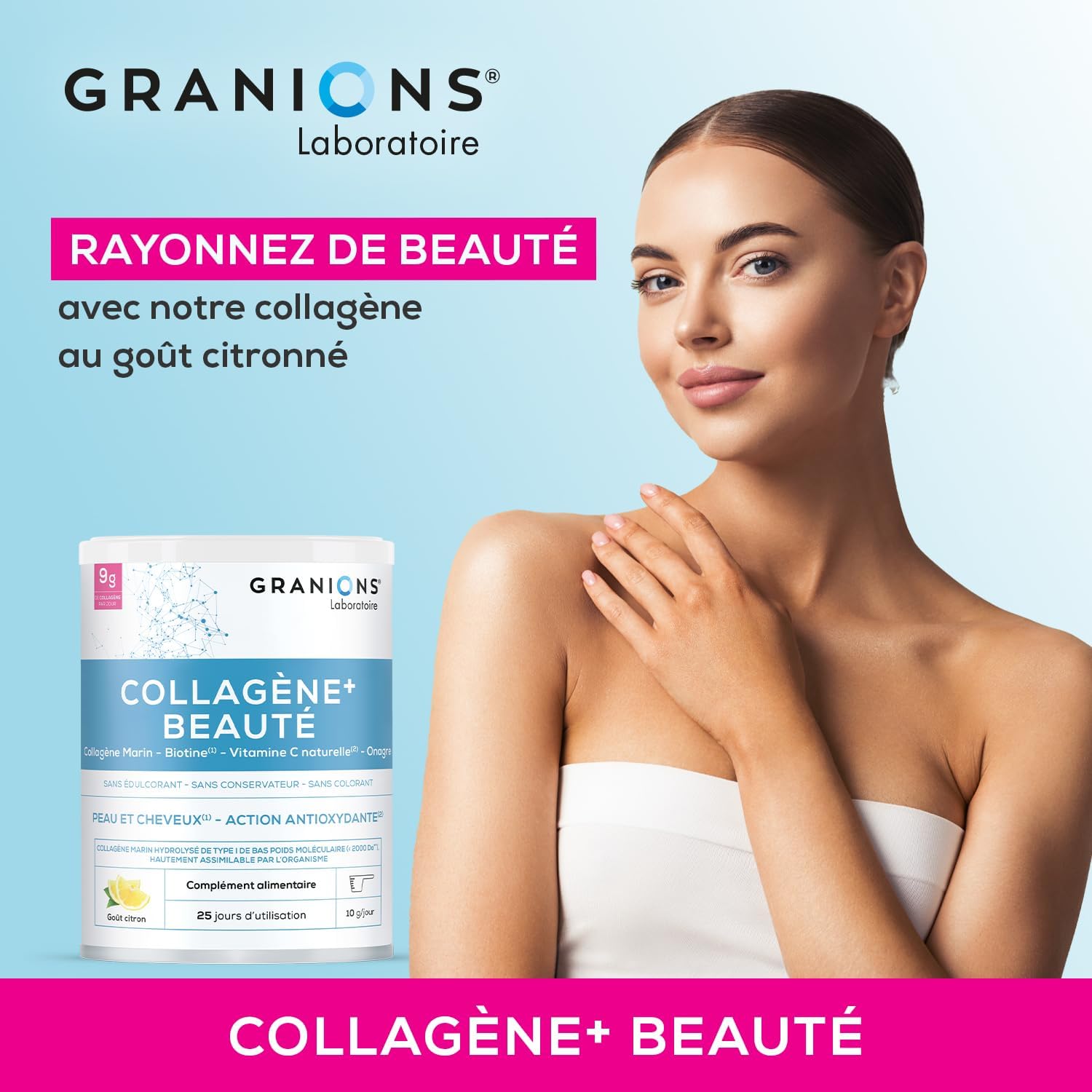 GRANIONS Collagen Marine + Beauty Collagen and Hyaluronic Acid, Biotin Hair, Vitamin C - Beauty Skin - Food Supplement for Hair - High Assimilation, Collagen Lemon Flavour - Powder 250 g - Image 7